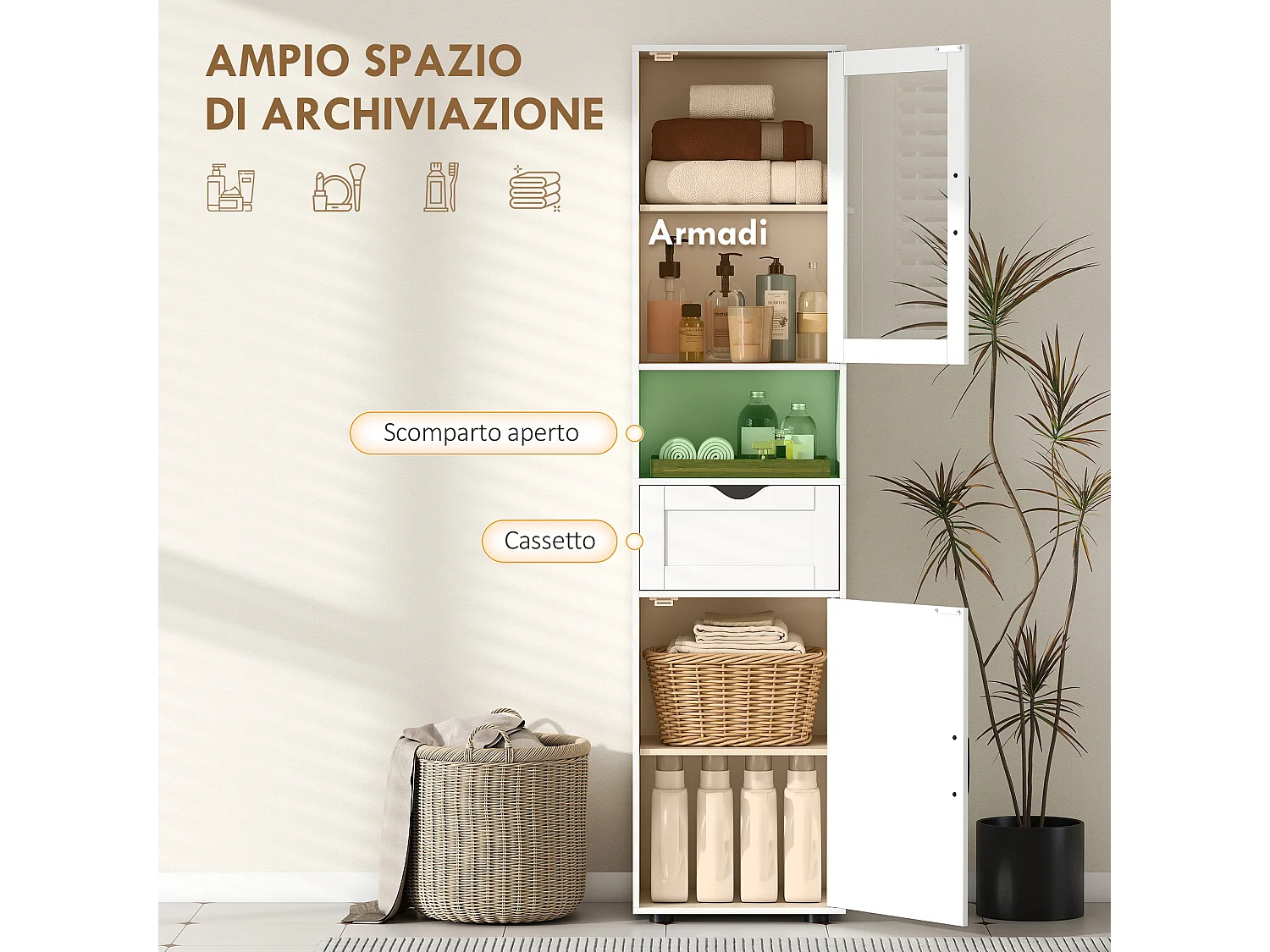 Colonna bagno con armadietti, cassetto e ripiano aperto in mdf bianco