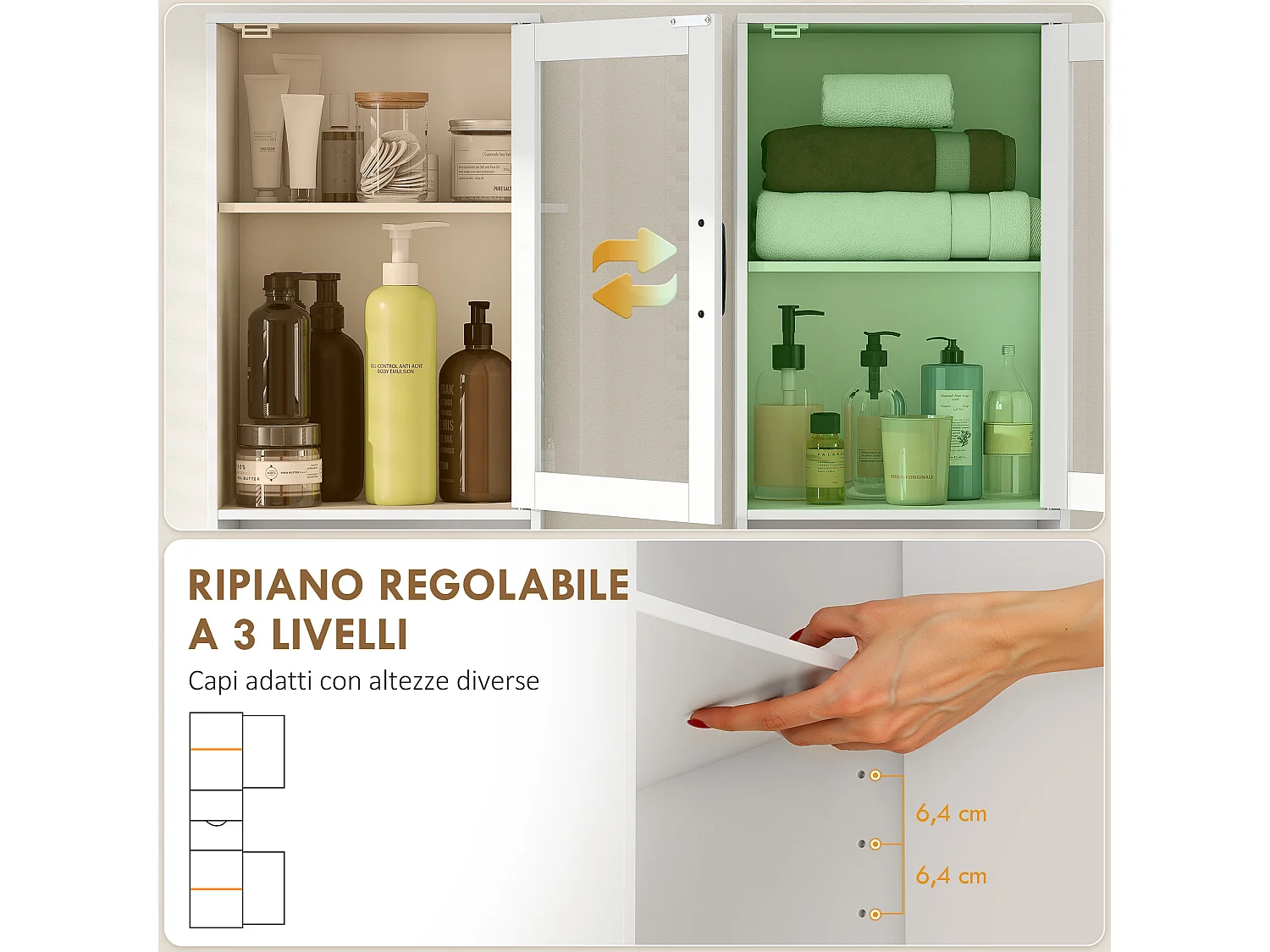 Colonna bagno con armadietti, cassetto e ripiano aperto in mdf bianco