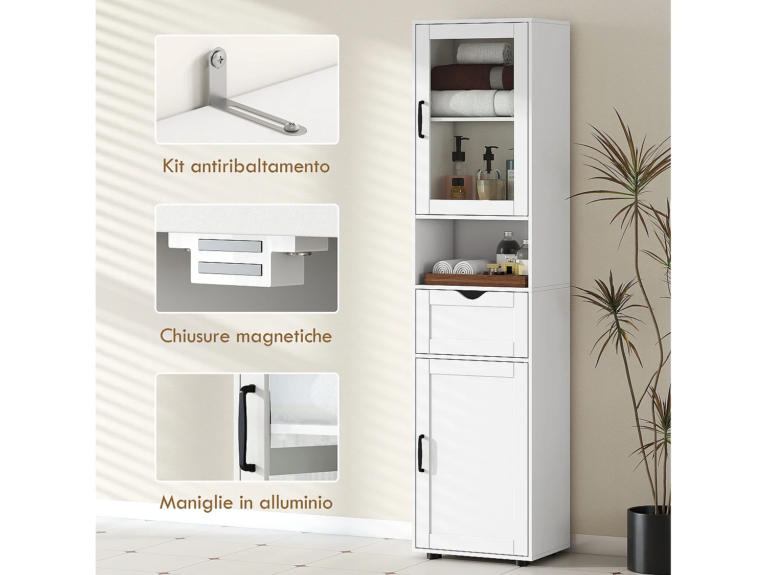 Colonna bagno con armadietti, cassetto e ripiano aperto in mdf bianco