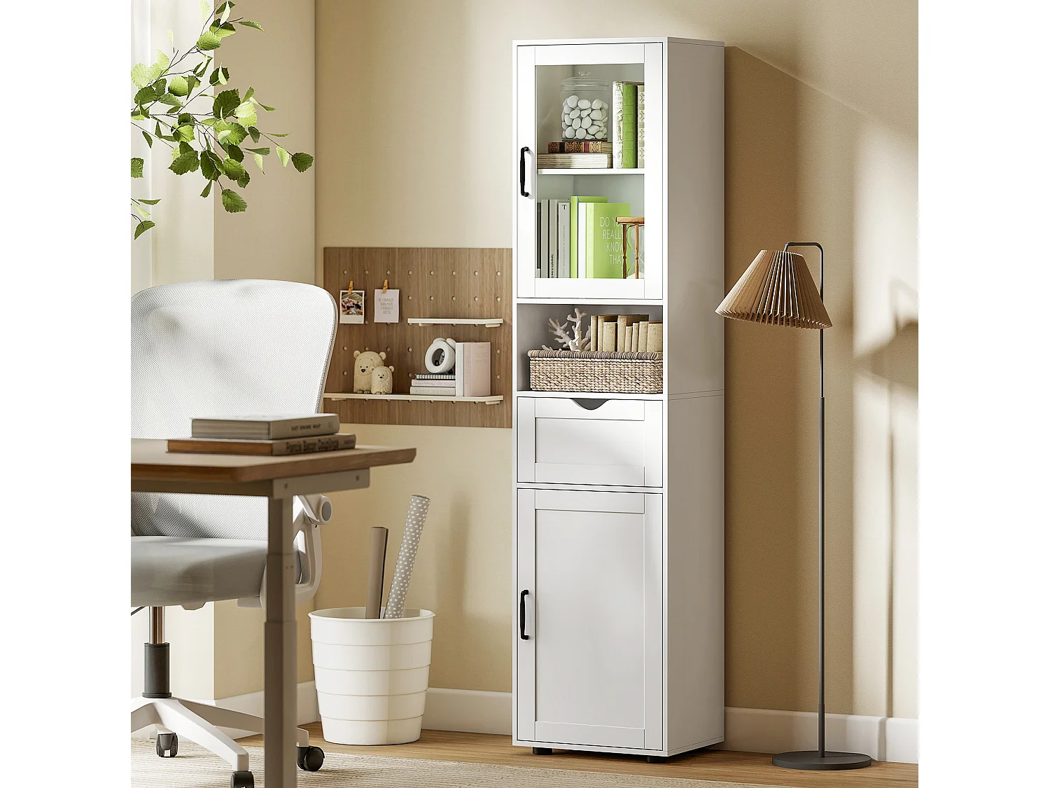 Colonna bagno con armadietti, cassetto e ripiano aperto in mdf bianco