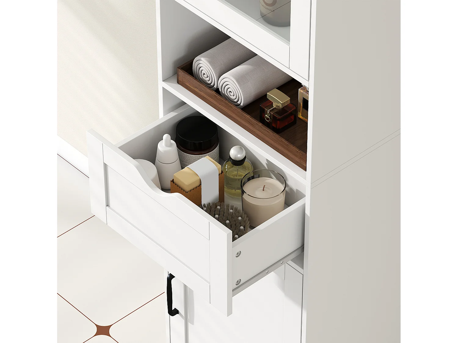 Colonna bagno con armadietti, cassetto e ripiano aperto in mdf bianco