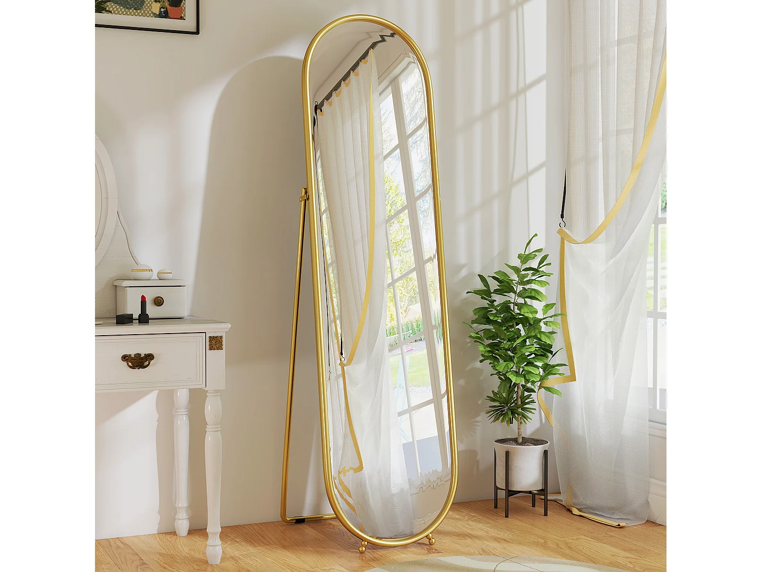Specchio verticale ovale da terra moderno con supporto color oro