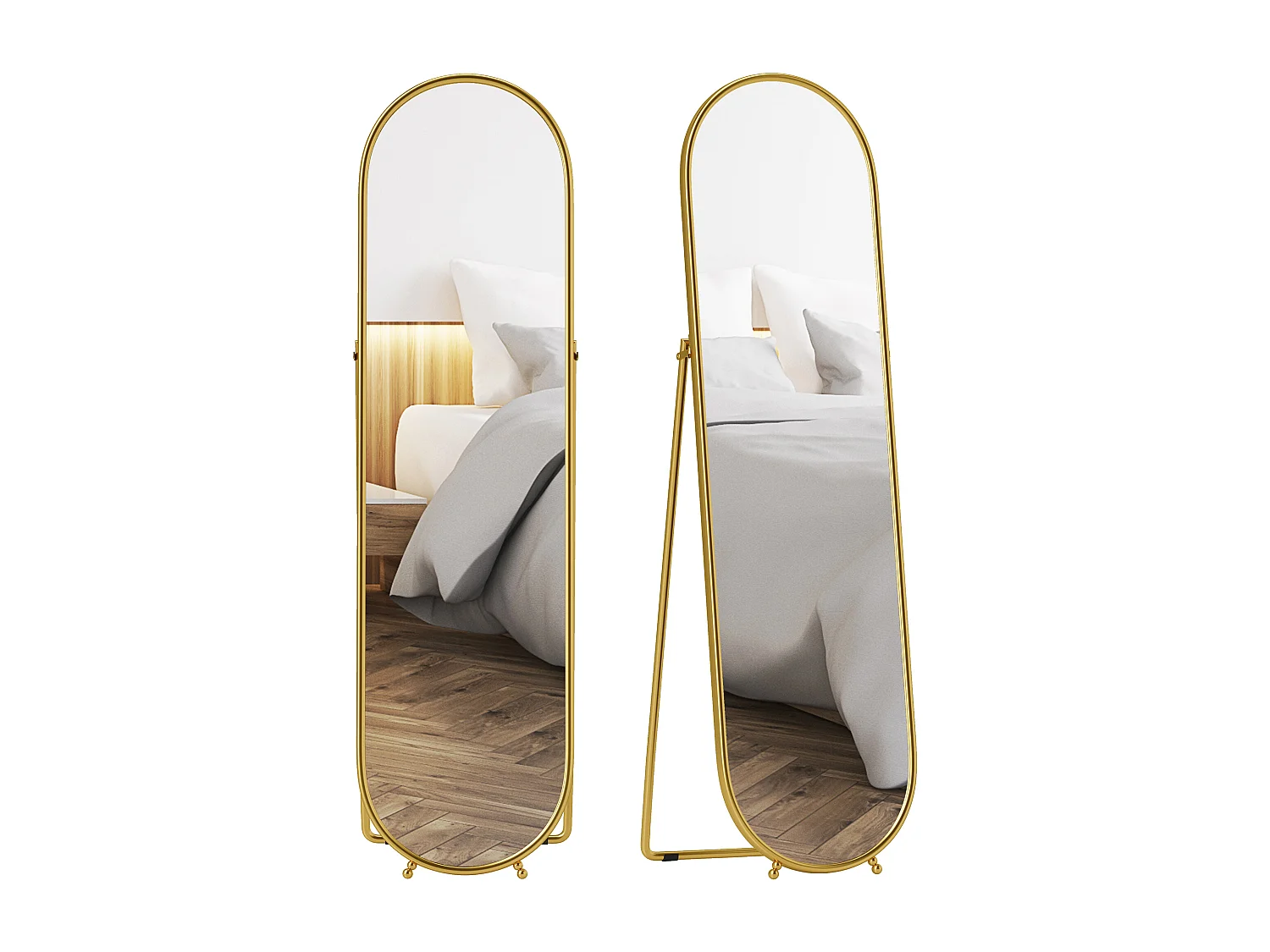 Specchio verticale ovale da terra moderno con supporto color oro