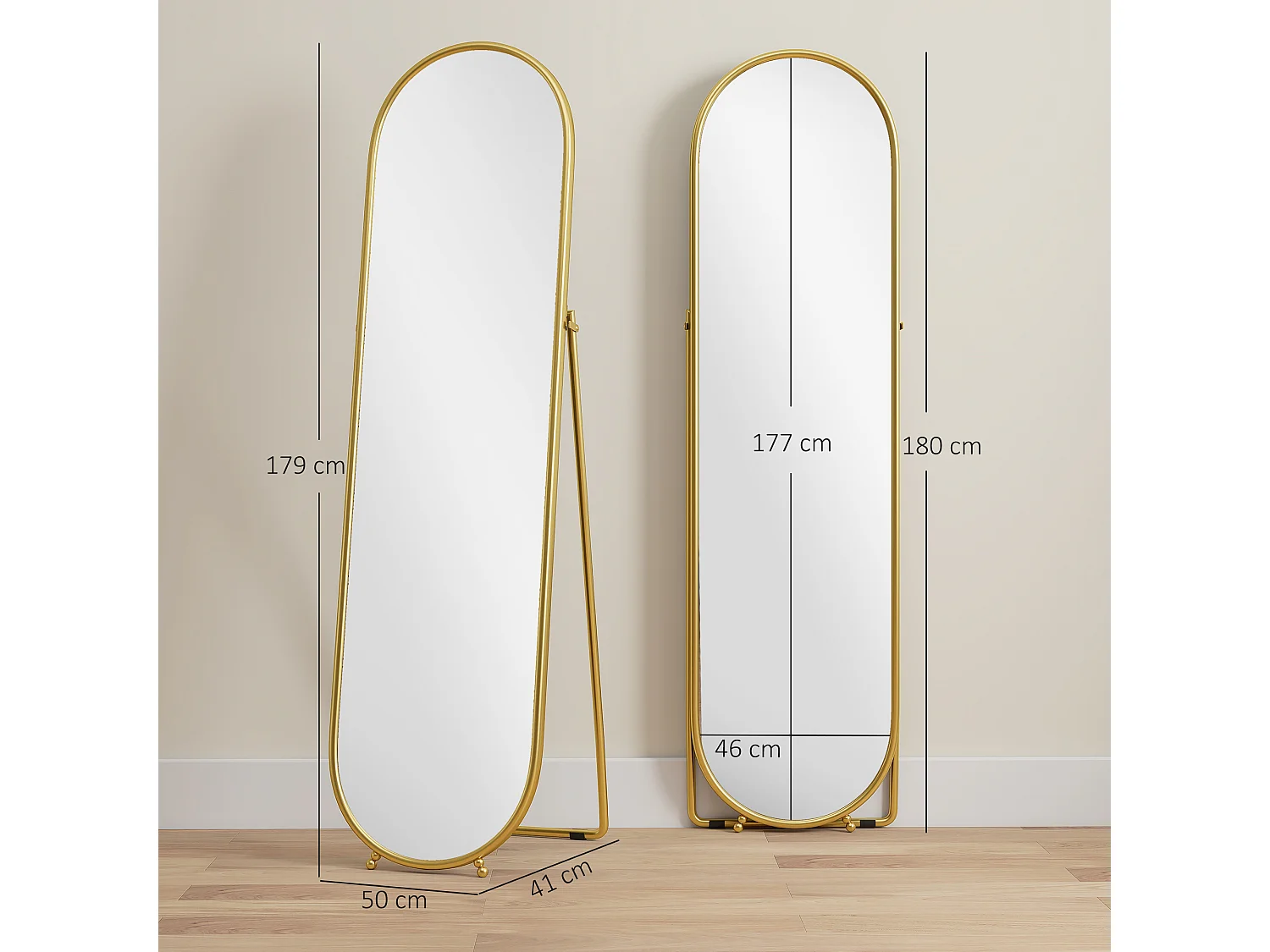 Specchio verticale ovale da terra moderno con supporto color oro