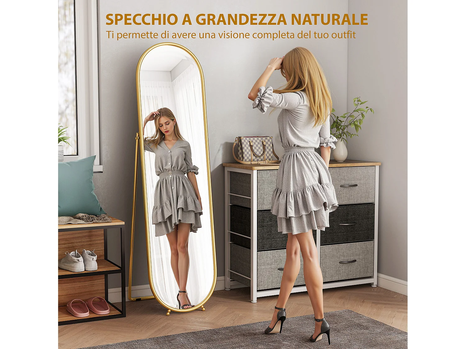 Specchio verticale ovale da terra moderno con supporto color oro