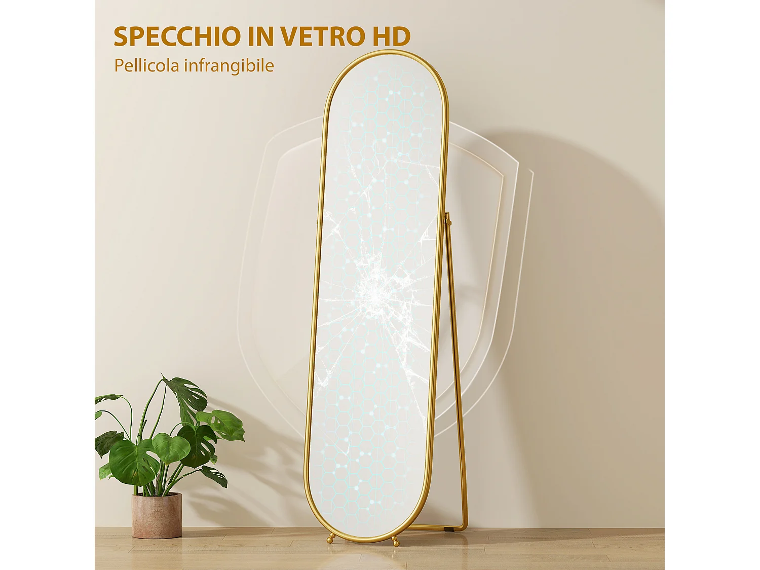 Specchio verticale ovale da terra moderno con supporto color oro