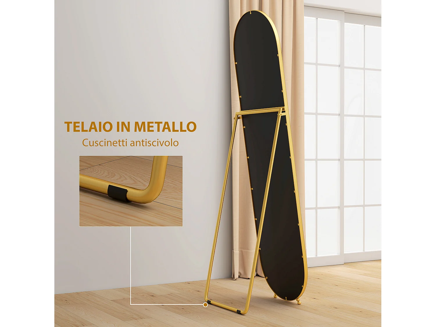 Specchio verticale ovale da terra moderno con supporto color oro