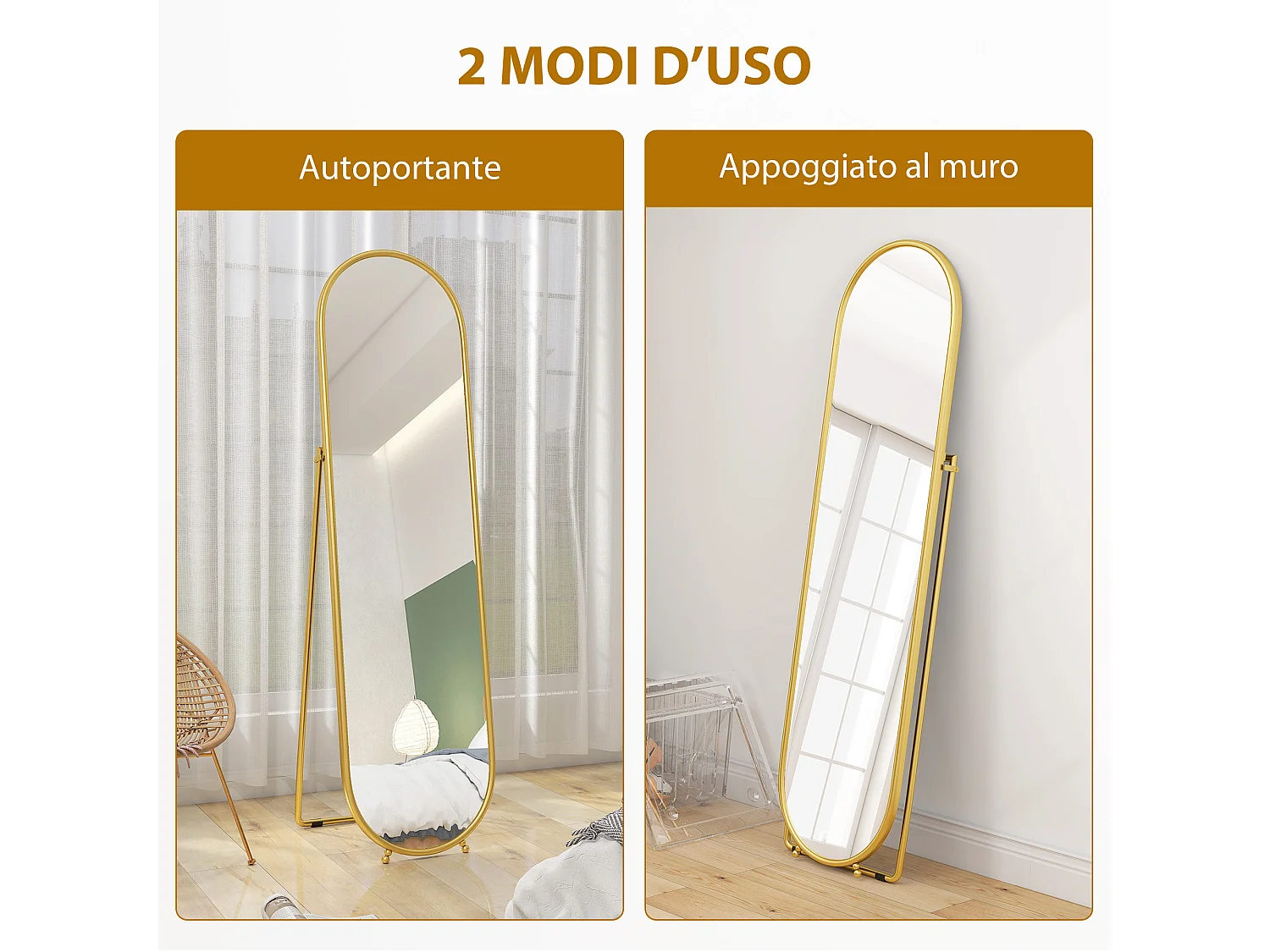 Specchio verticale ovale da terra moderno con supporto color oro