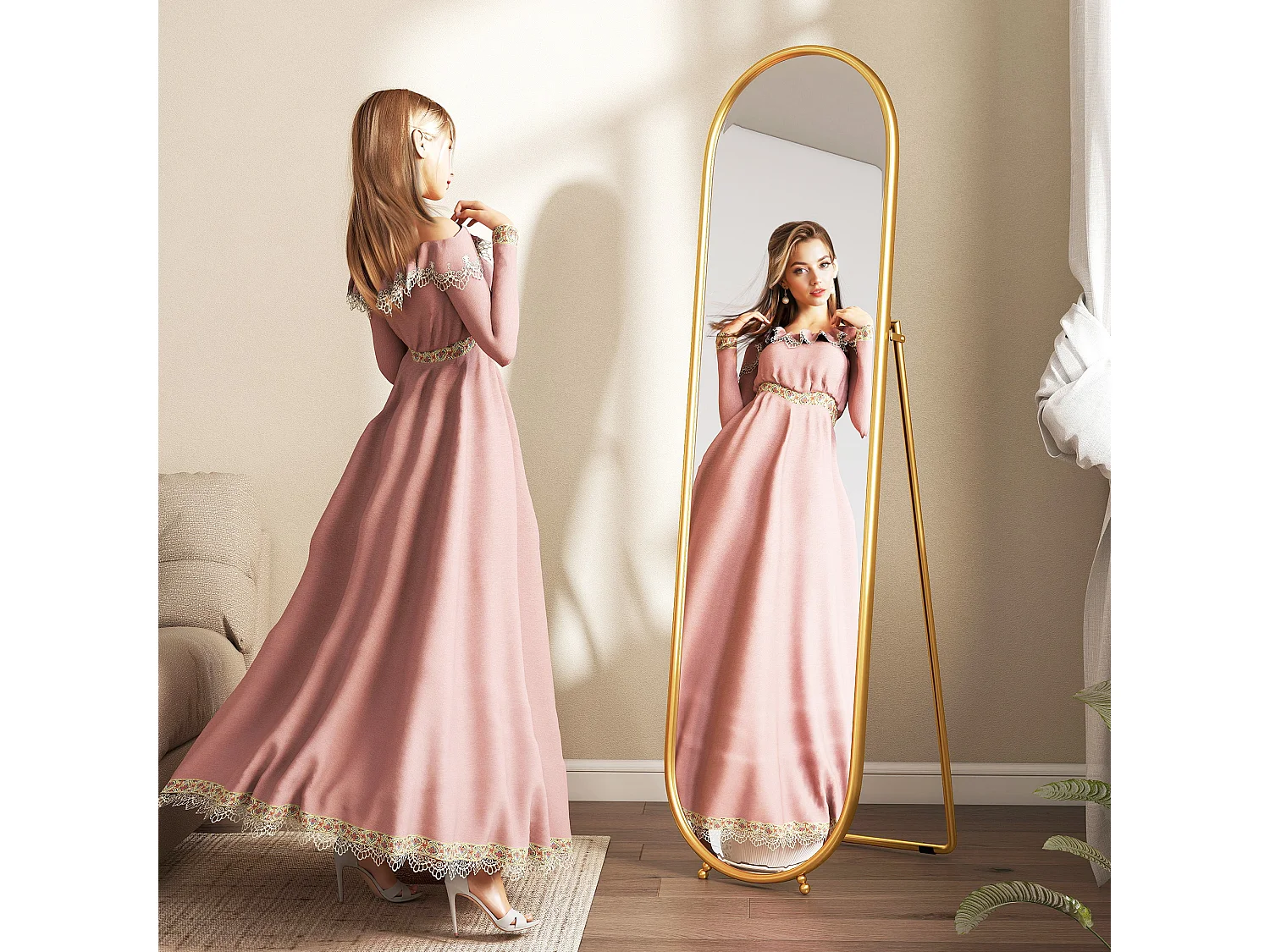 Specchio verticale ovale da terra moderno con supporto color oro
