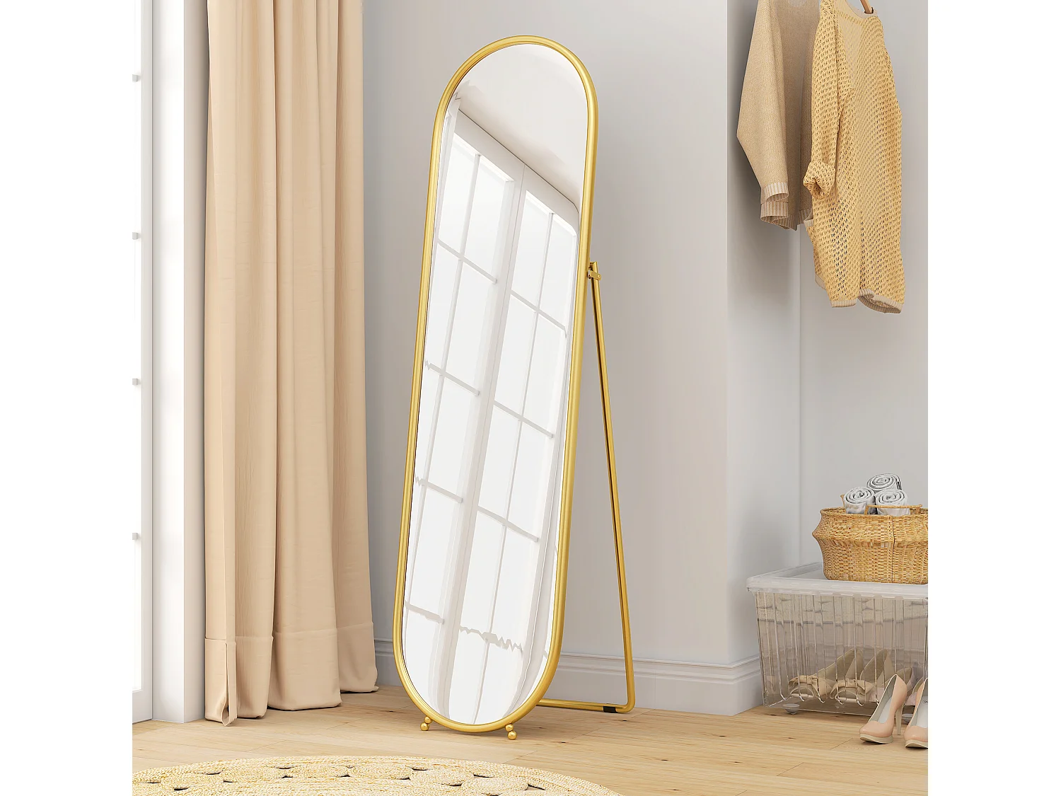 Specchio verticale ovale da terra moderno con supporto color oro