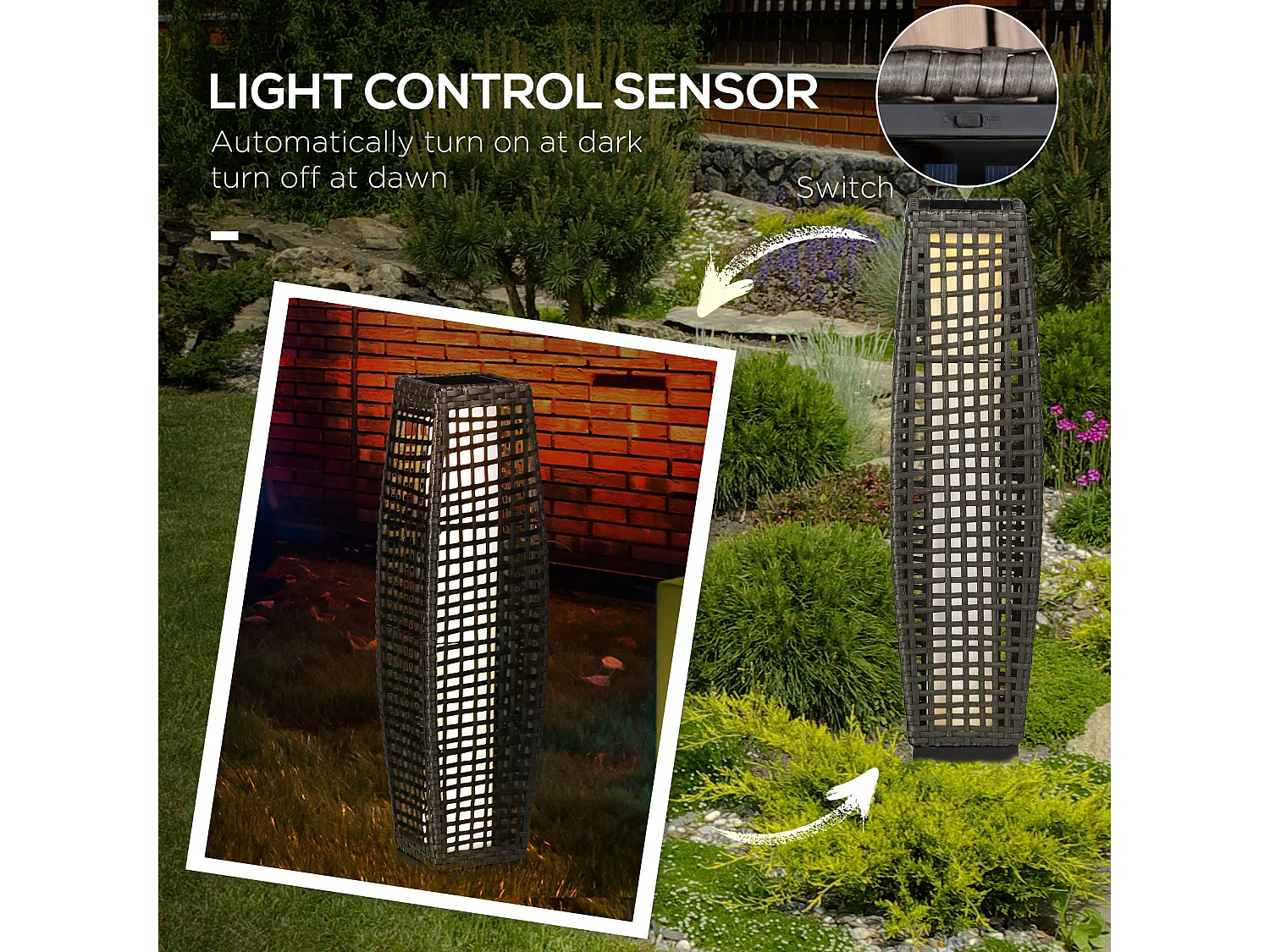 Lampada solare da giardino in acciaio e rattan nero e grigio