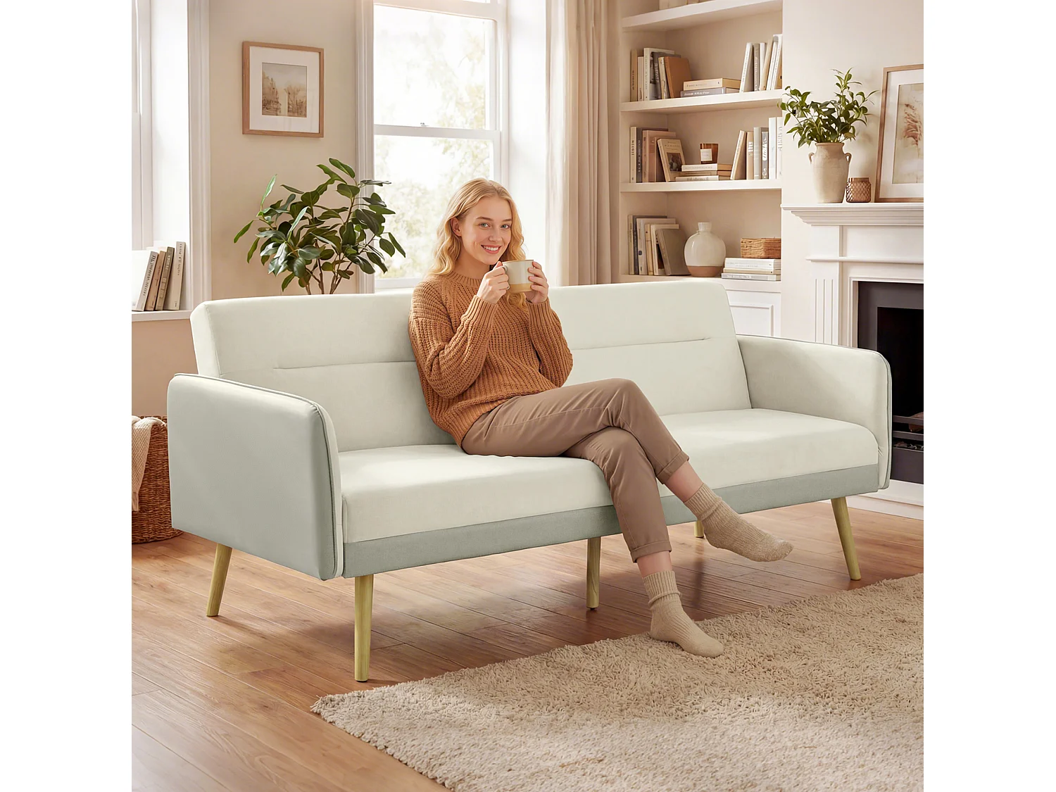 Divano letto 3 posti con schienale reclinabile effetto velluto beige