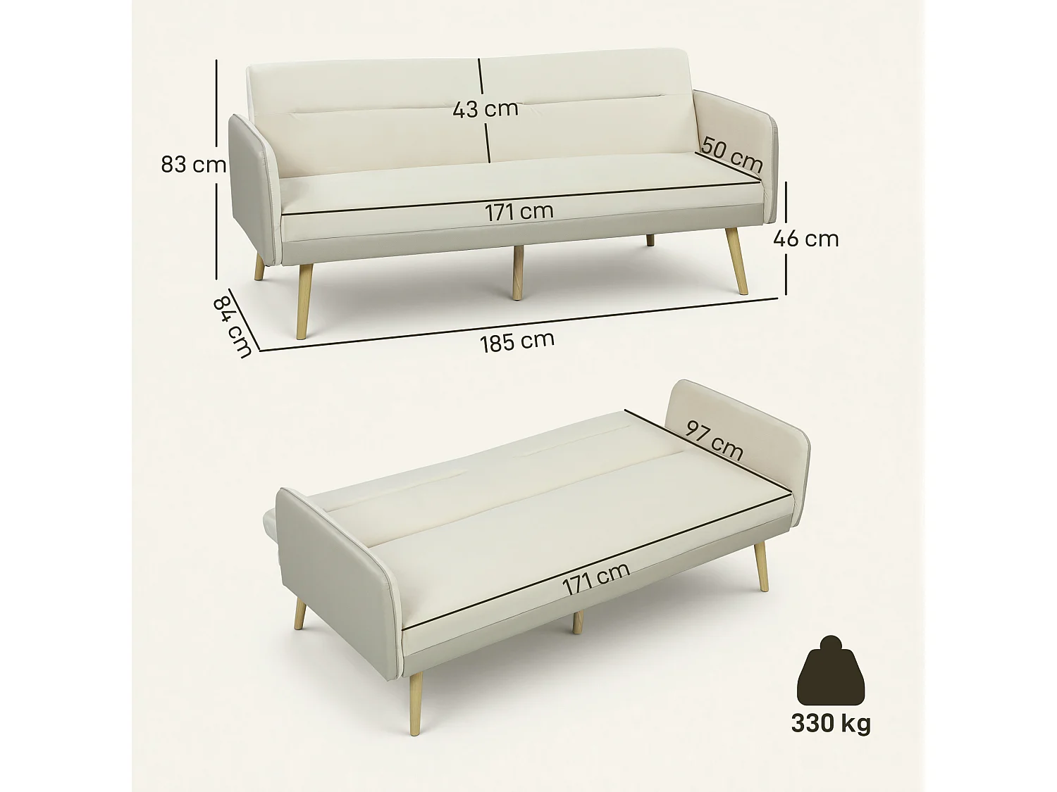 Divano letto 3 posti con schienale reclinabile effetto velluto beige