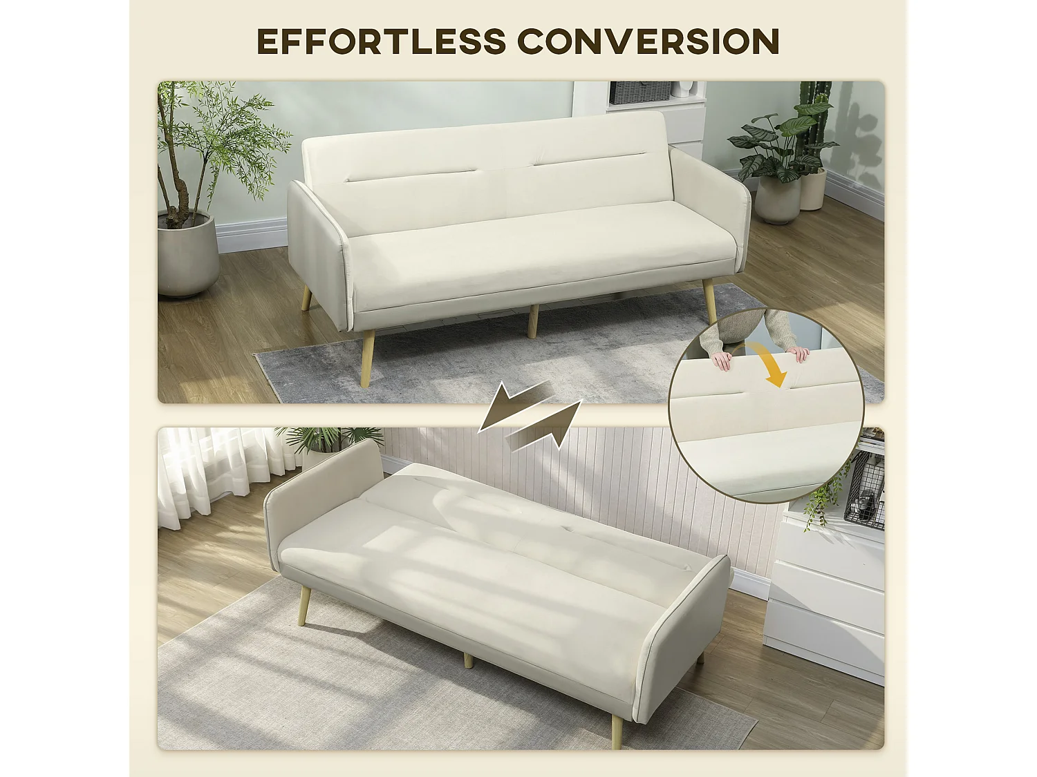 Divano letto 3 posti con schienale reclinabile effetto velluto beige