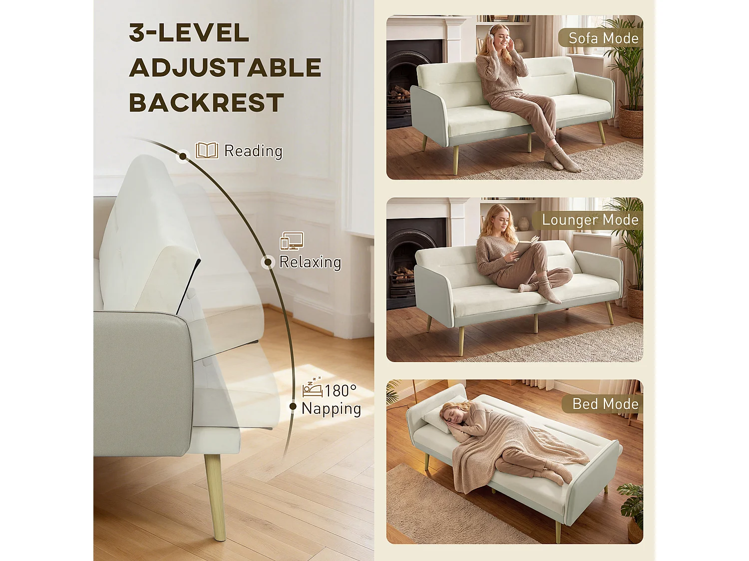 Divano letto 3 posti con schienale reclinabile effetto velluto beige