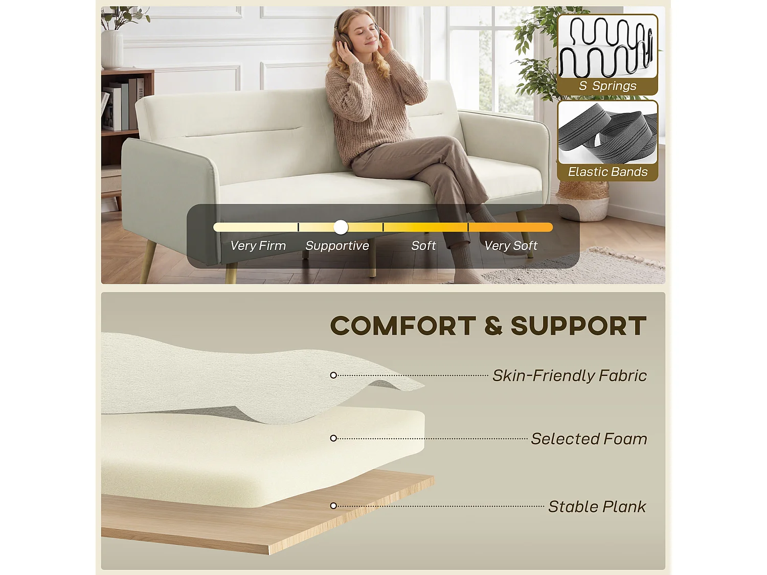 Divano letto 3 posti con schienale reclinabile effetto velluto beige