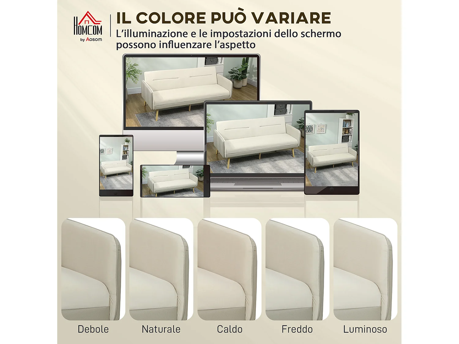 Divano letto 3 posti con schienale reclinabile effetto velluto beige