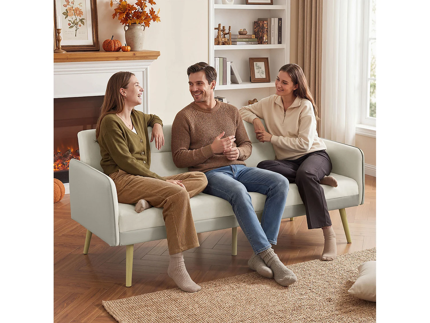 Divano letto 3 posti con schienale reclinabile effetto velluto beige