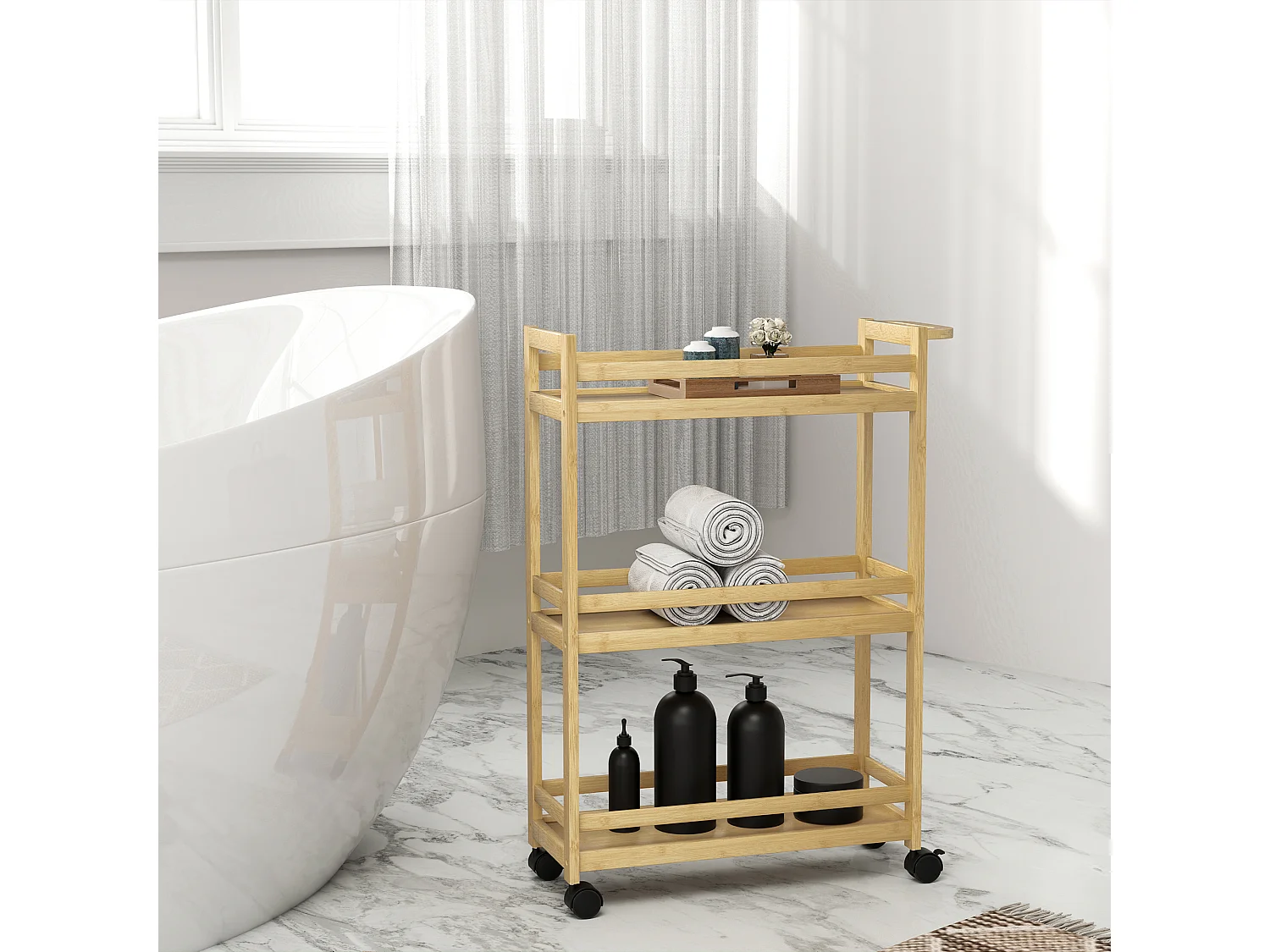 Scaffale bagno stretto salvaspazio a 3 ripiani in bambù naturale