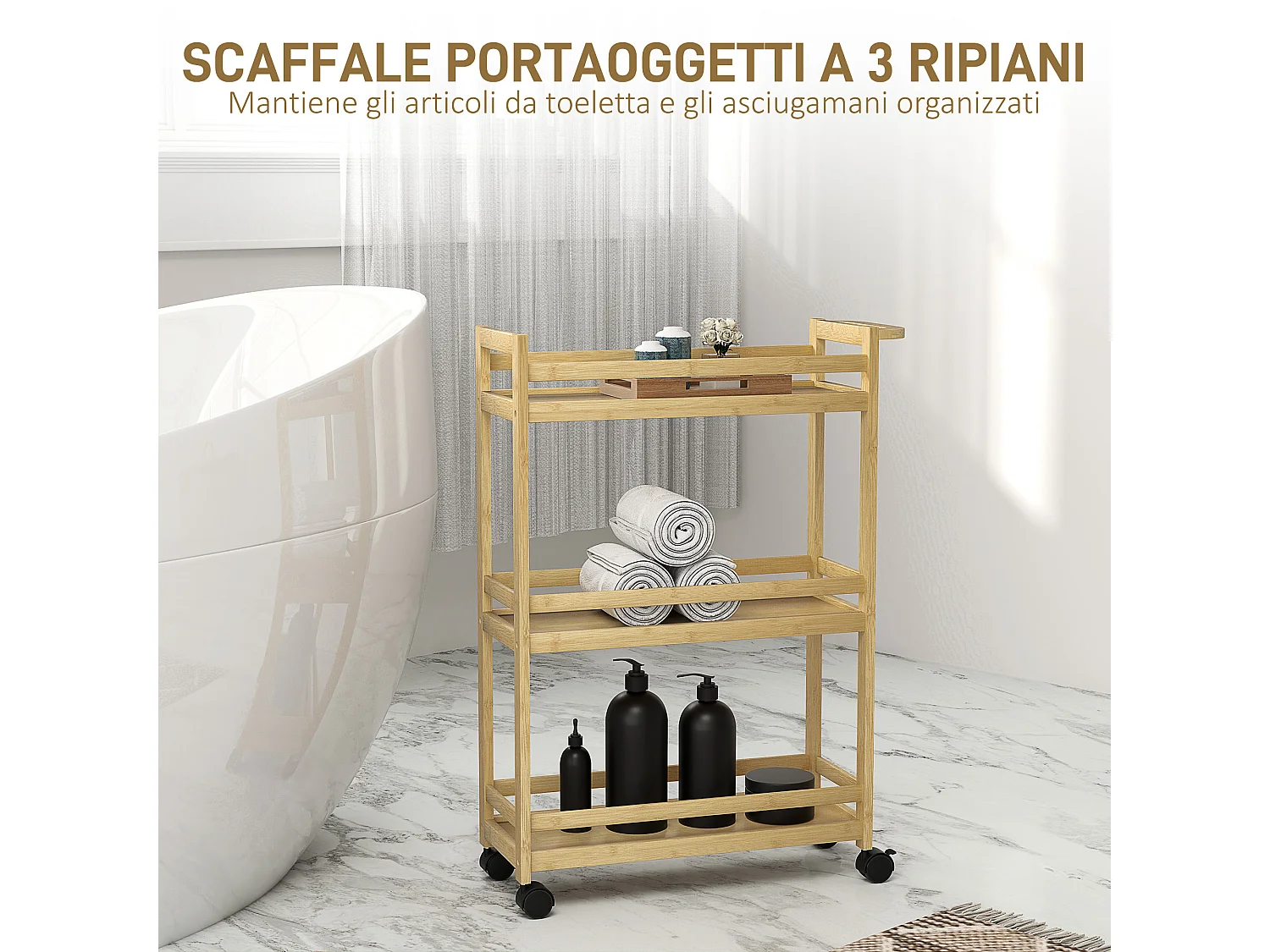 Scaffale bagno stretto salvaspazio a 3 ripiani in bambù naturale
