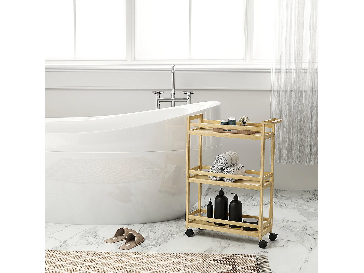 Scaffale bagno stretto salvaspazio a 3 ripiani in bambù naturale