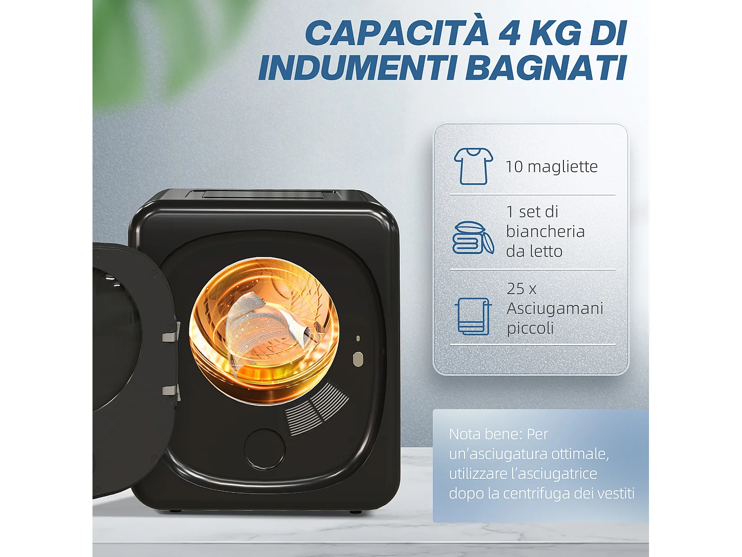 Asciugatrice carico 4 kg con timer e programma smart nero