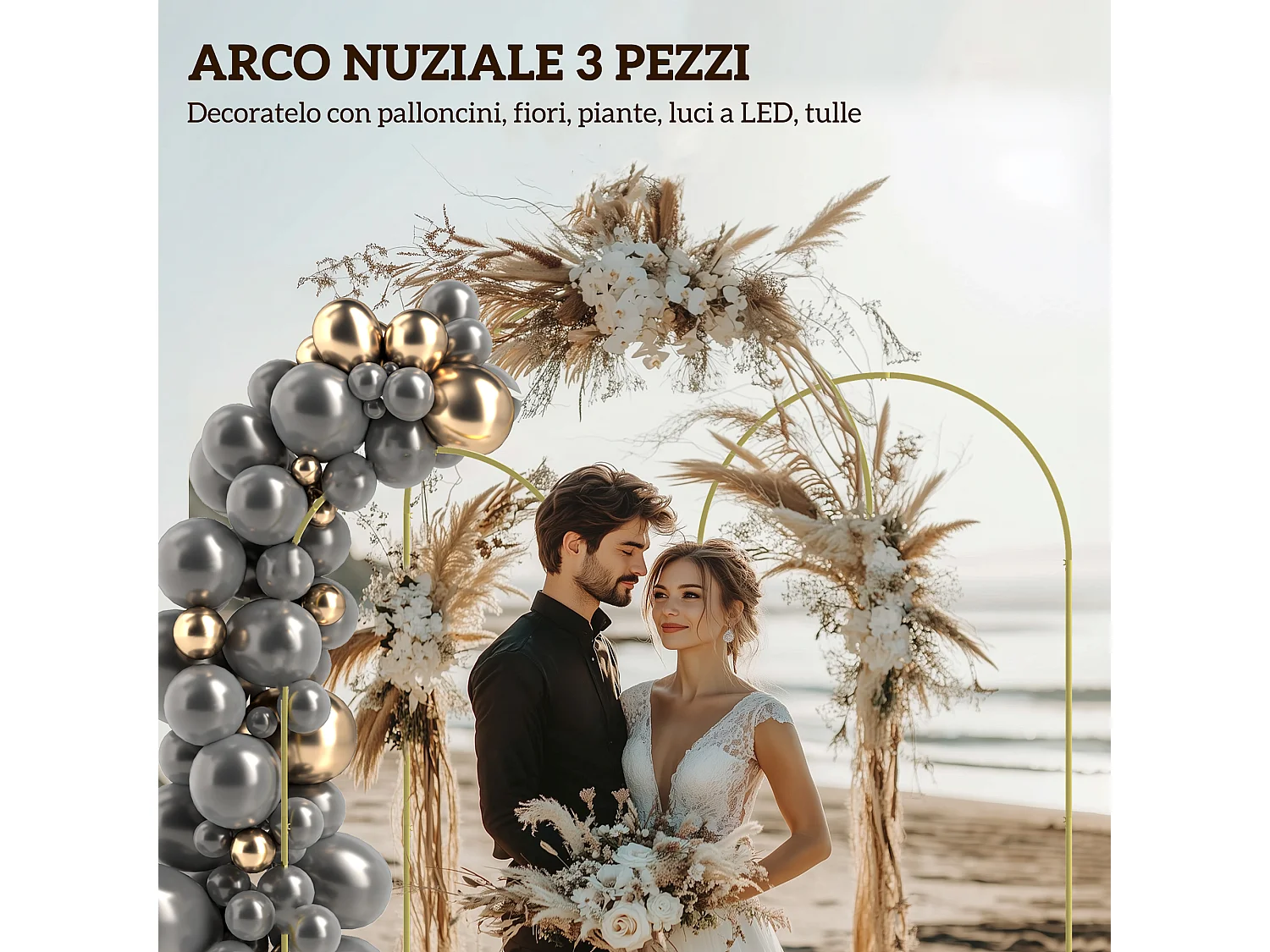 Set 3 archi da giardino decorativi da 1.8-2-2.2 m in metallo dorato