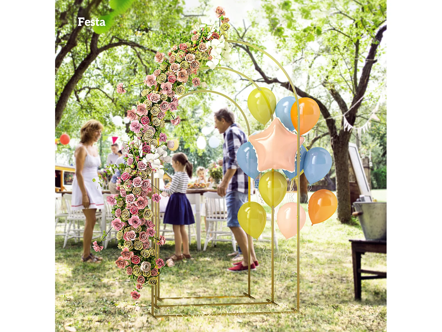 Set 3 archi da giardino decorativi da 1.8-2-2.2 m in metallo dorato