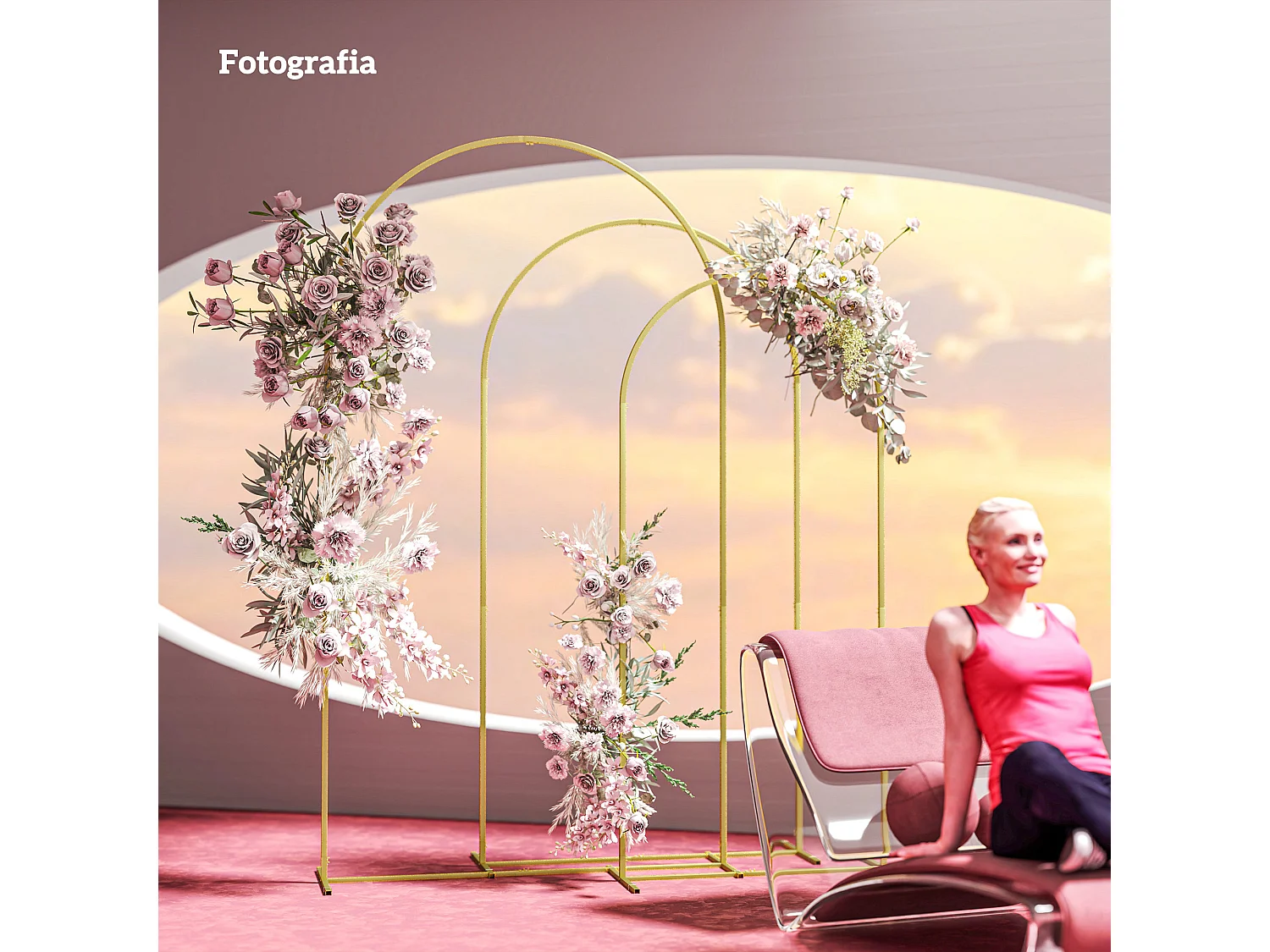 Set 3 archi da giardino decorativi da 1.8-2-2.2 m in metallo dorato