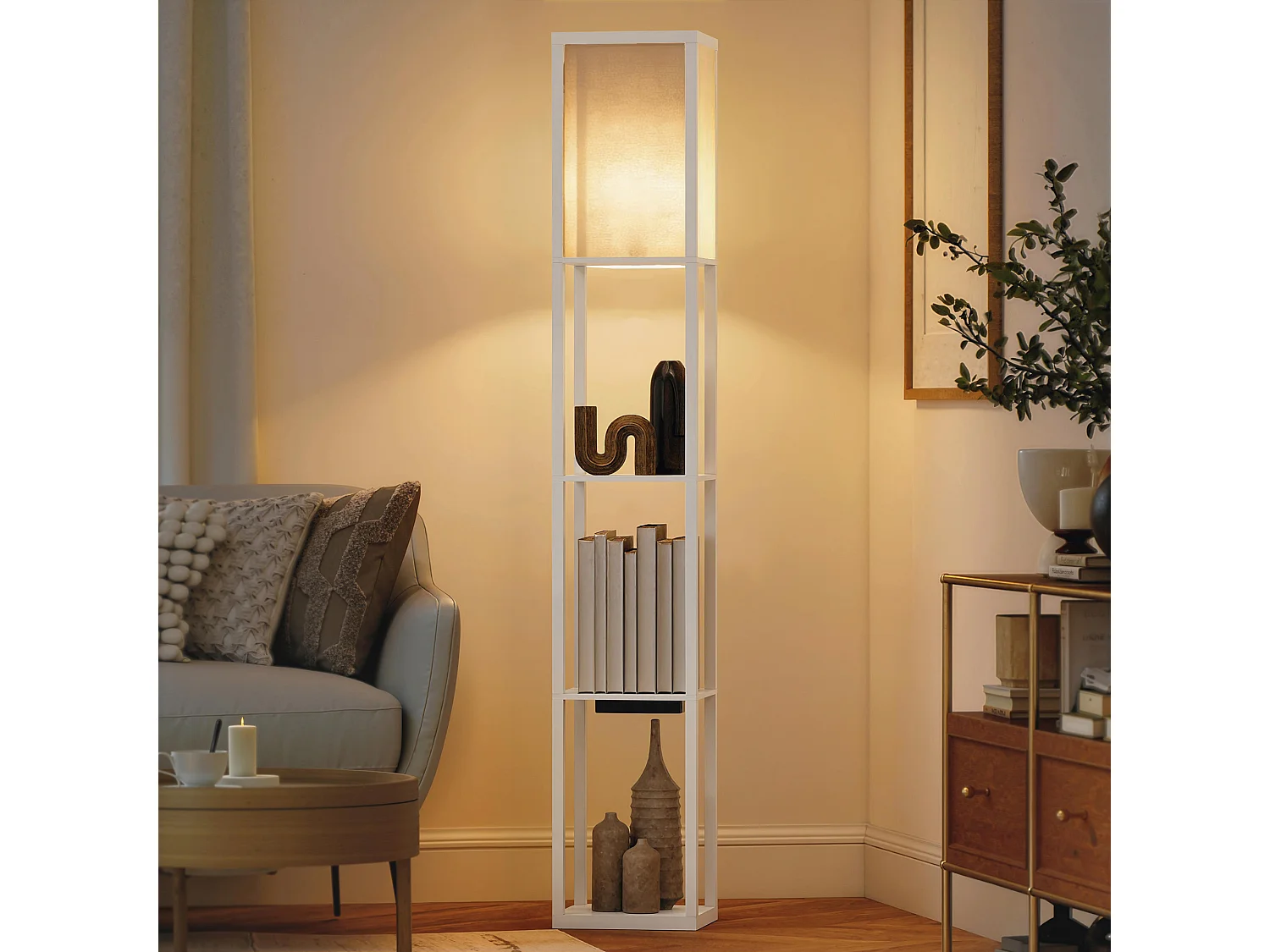 Lampada da terra con ripiani e luce regolabile porte usb bianco