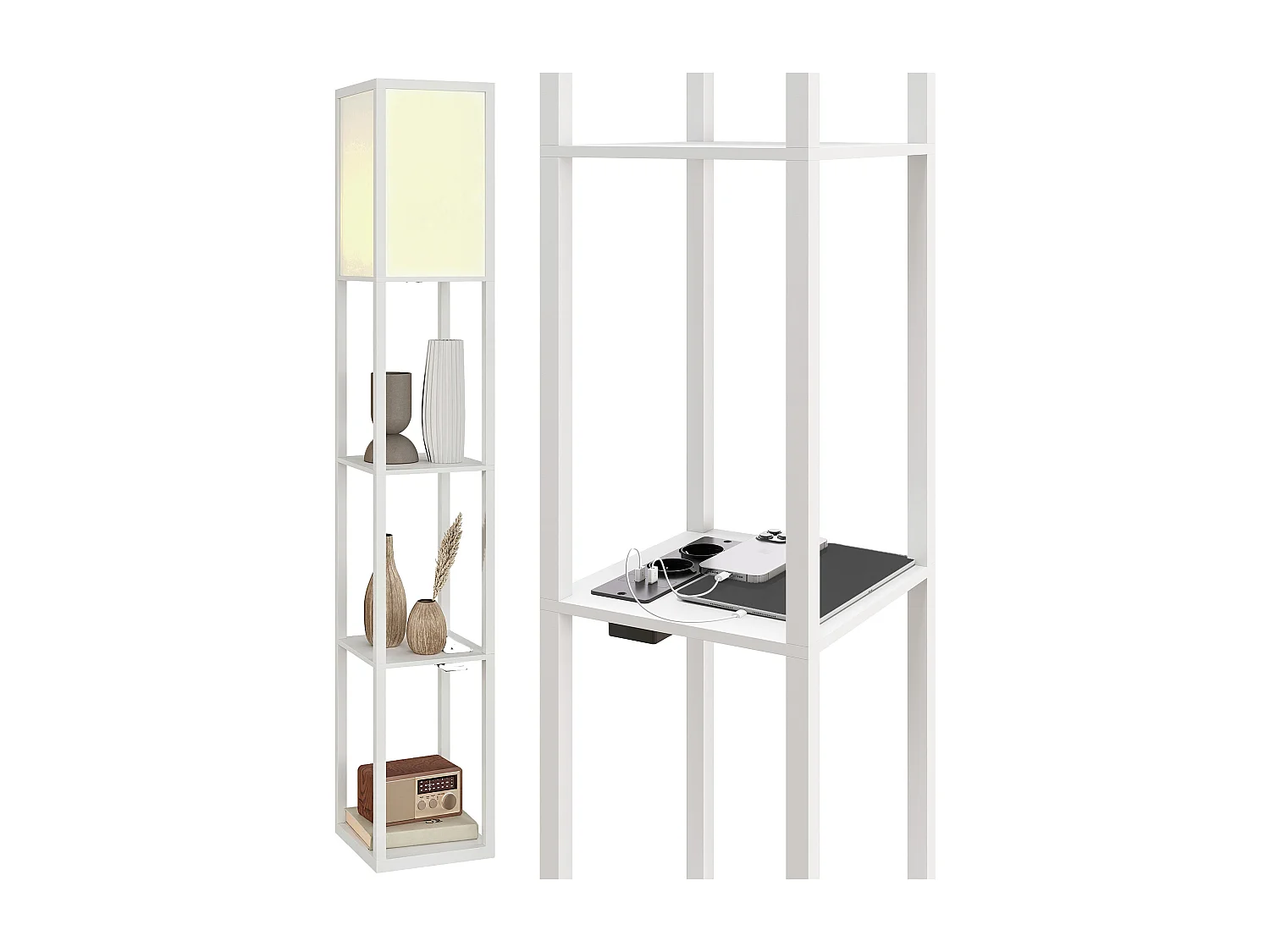 Lampada da terra con ripiani e luce regolabile porte usb bianco