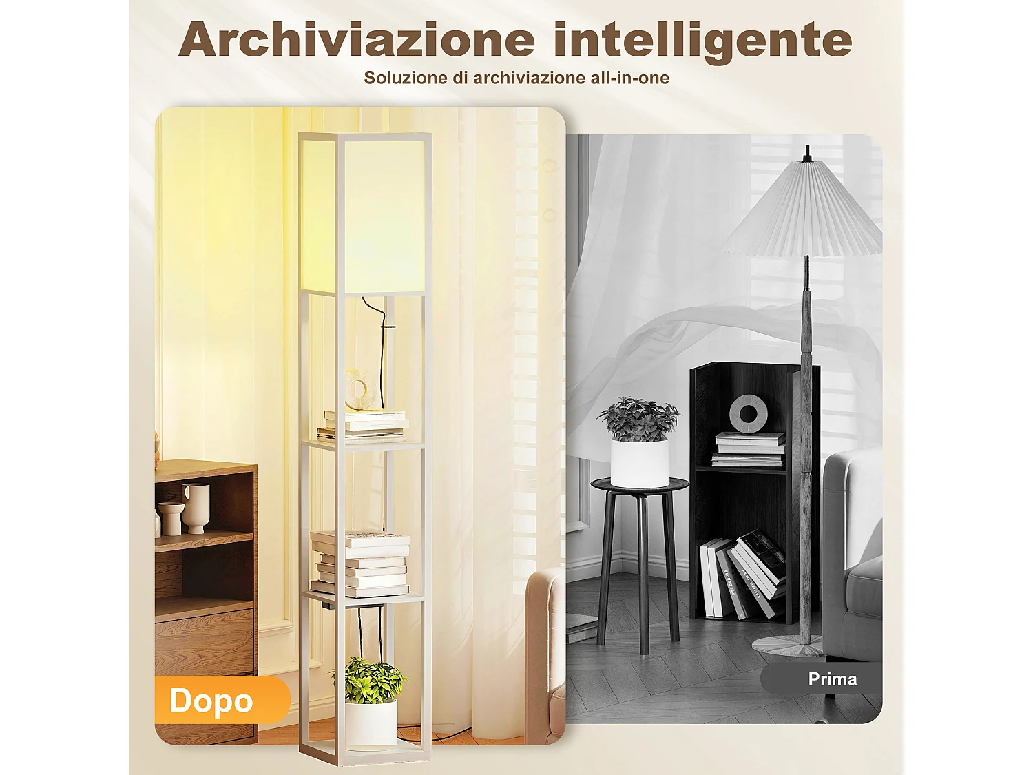 Lampada da terra con ripiani e luce regolabile porte usb bianco