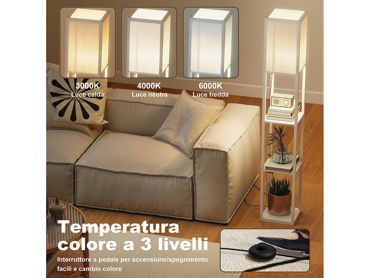 Lampada da terra con ripiani e luce regolabile porte usb bianco
