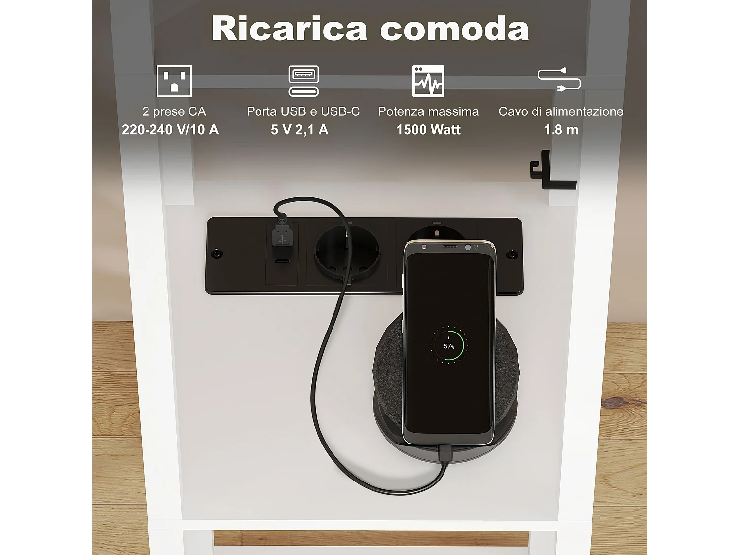 Lampada da terra con ripiani e luce regolabile porte usb bianco