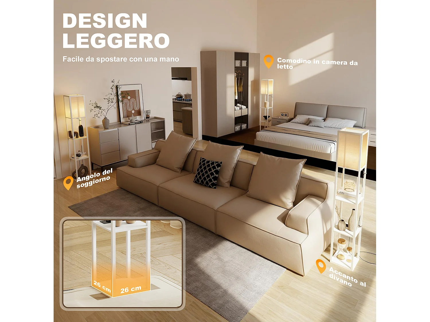 Lampada da terra con ripiani e luce regolabile porte usb bianco