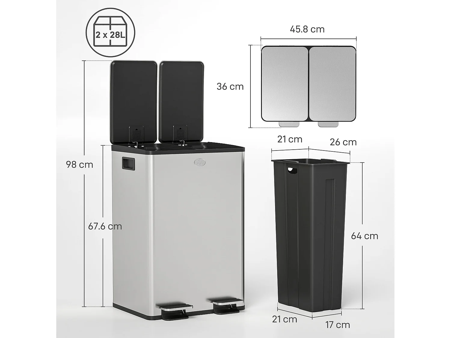 Pattumiera differenziata due scomparti in acciaio inox e pp argento