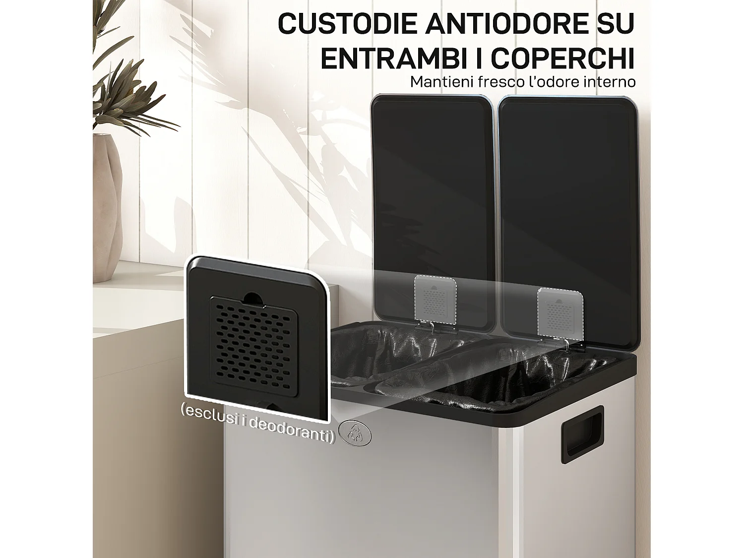 Pattumiera differenziata due scomparti in acciaio inox e pp argento