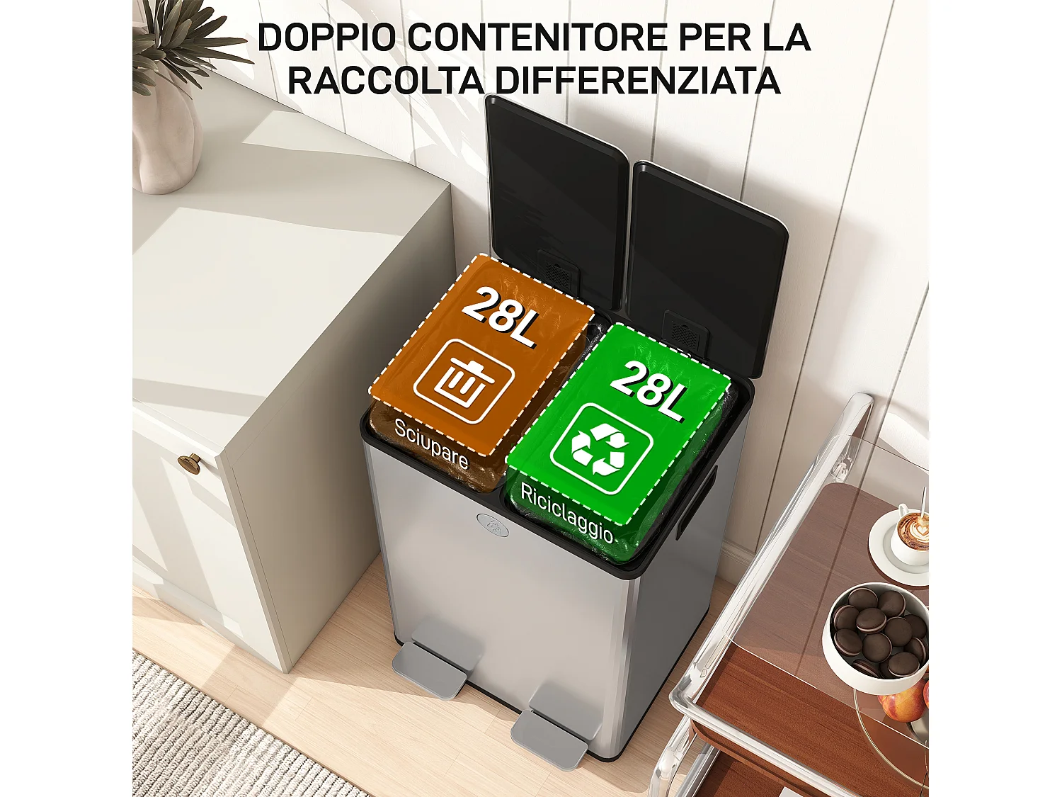 Pattumiera differenziata due scomparti in acciaio inox e pp argento