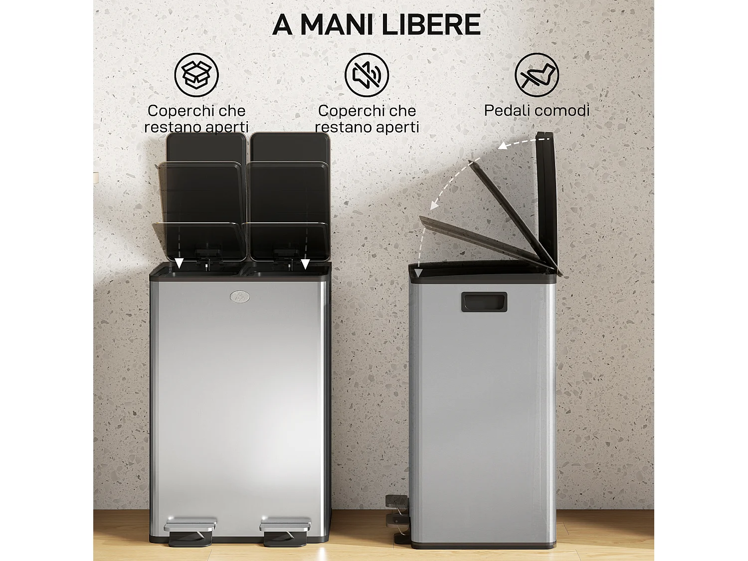 Pattumiera differenziata due scomparti in acciaio inox e pp argento