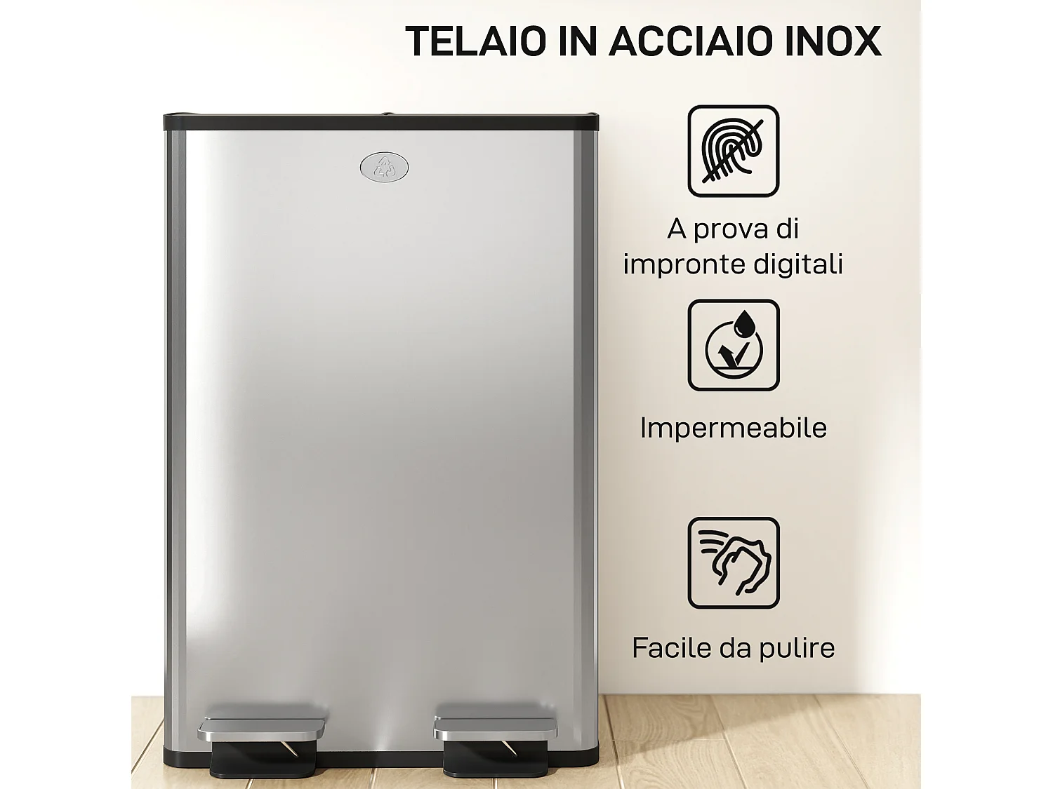 Pattumiera differenziata due scomparti in acciaio inox e pp argento