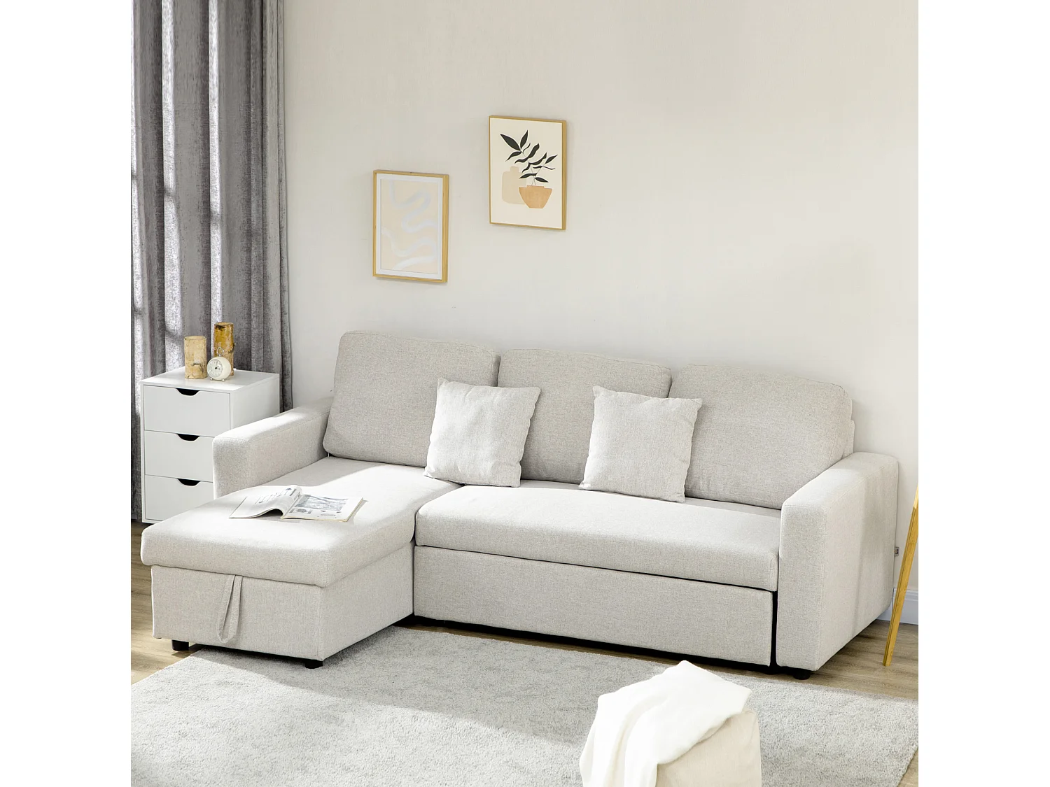 Divano letto angolare con penisola contenitore in tessuto crema