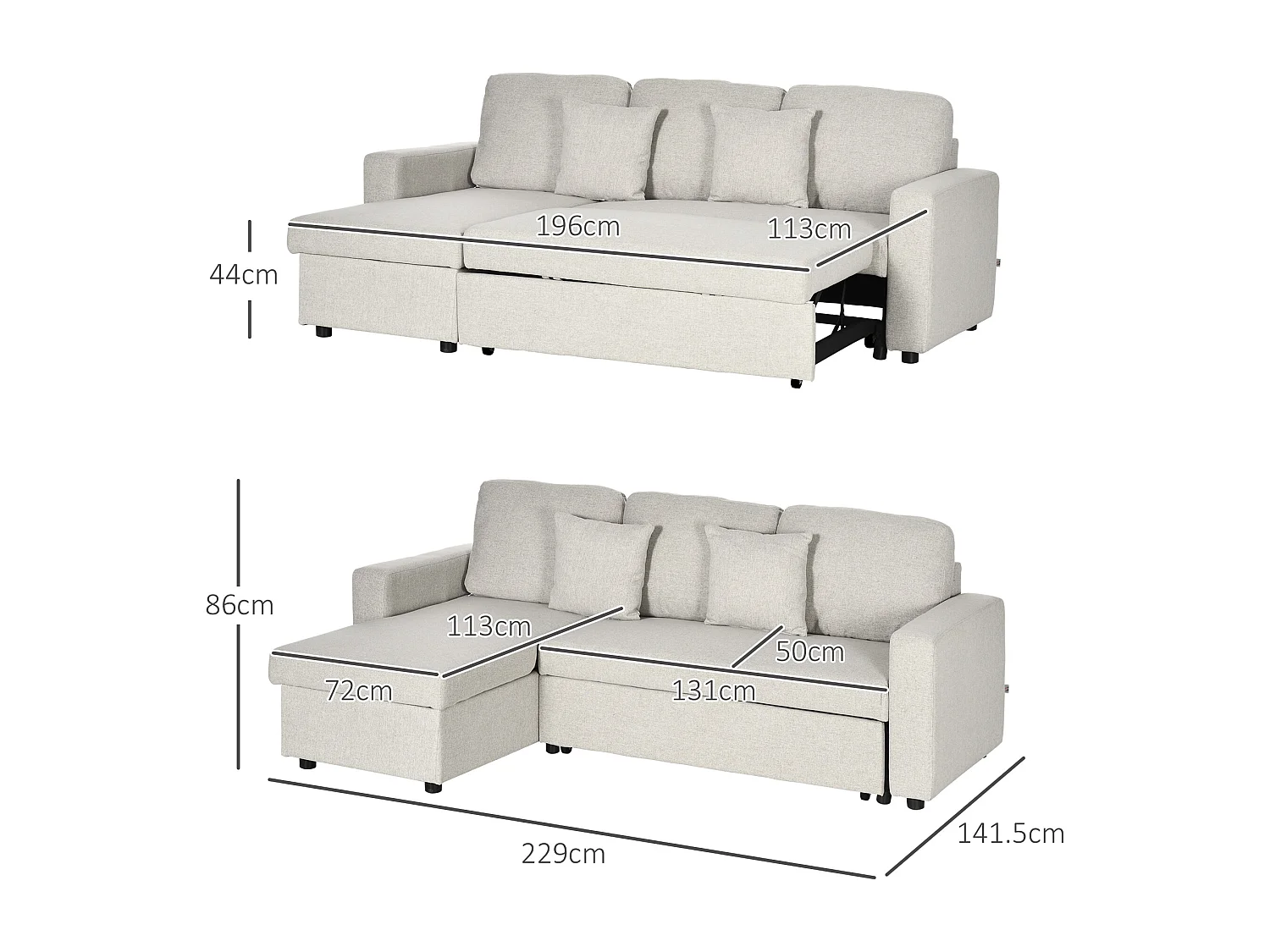 Divano letto angolare con penisola contenitore in tessuto crema