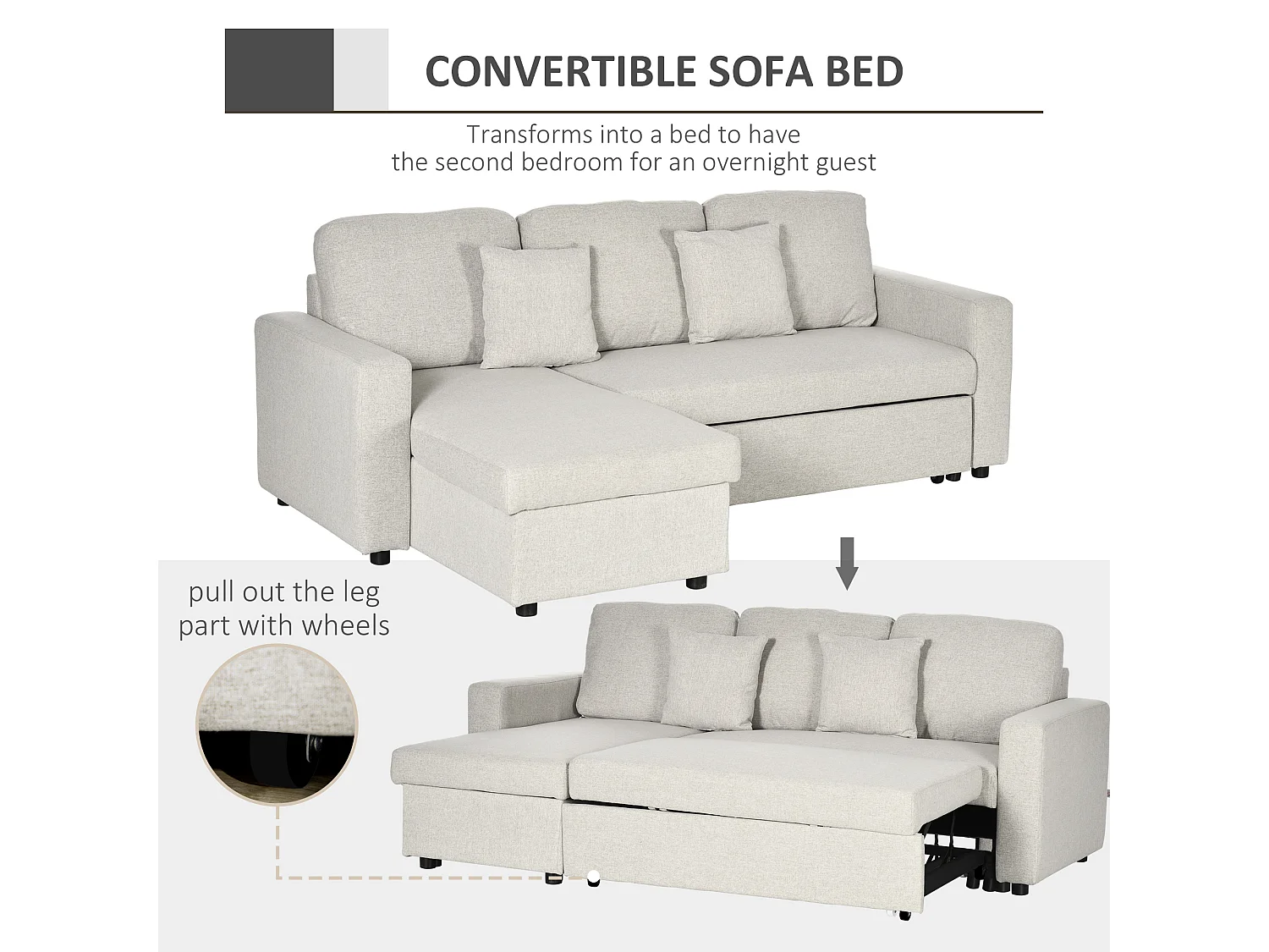 Divano letto angolare con penisola contenitore in tessuto crema