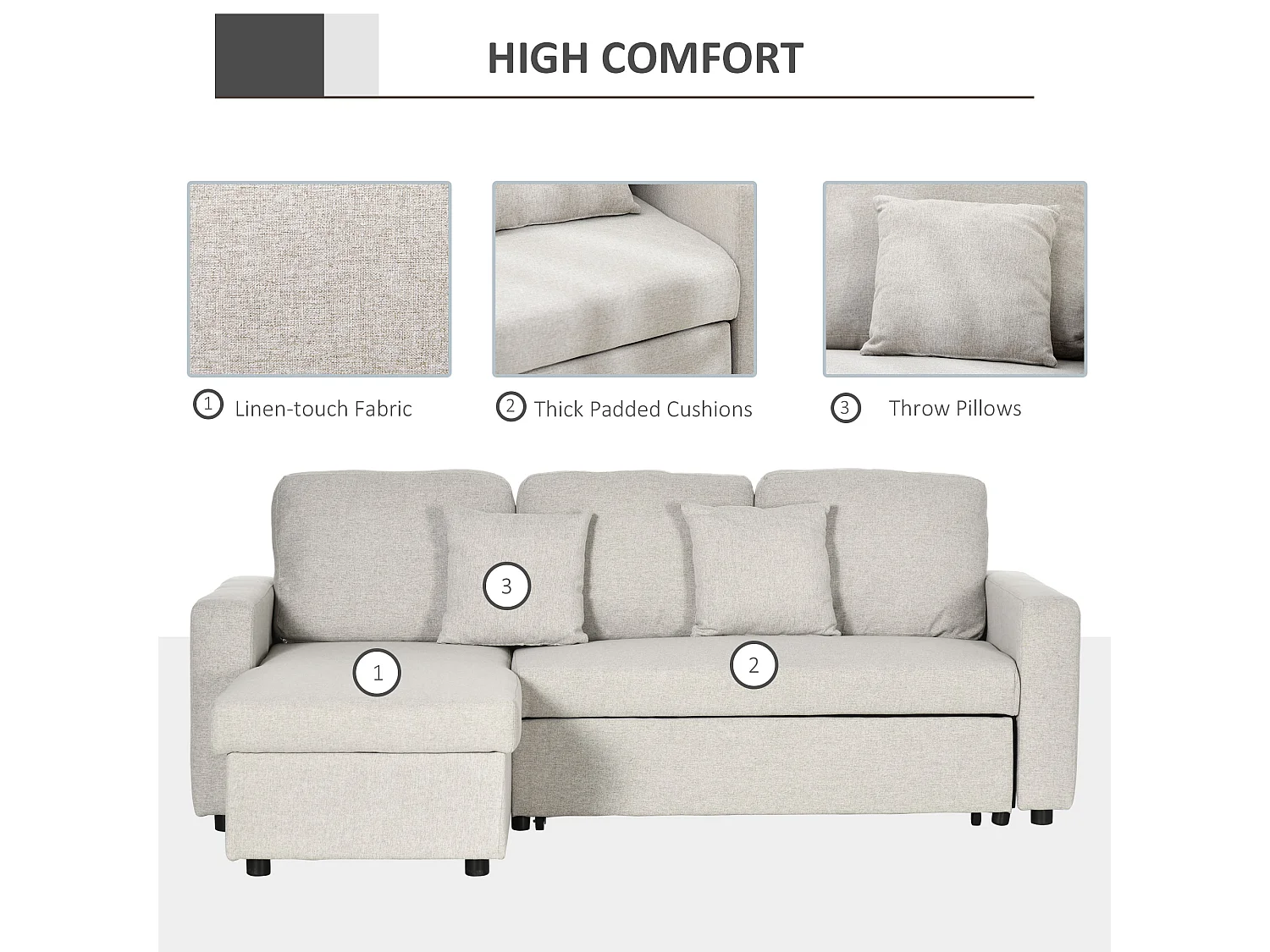 Divano letto angolare con penisola contenitore in tessuto crema