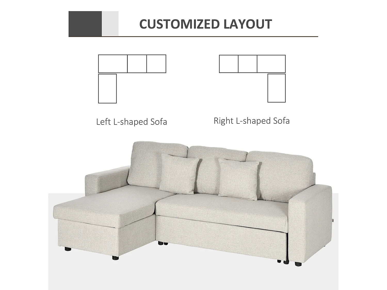 Divano letto angolare con penisola contenitore in tessuto crema