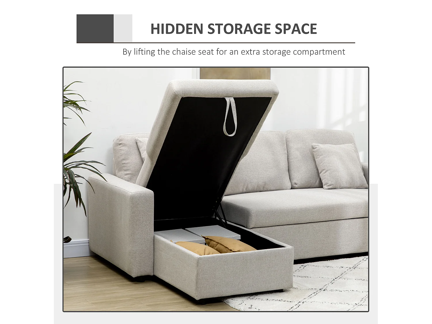 Divano letto angolare con penisola contenitore in tessuto crema