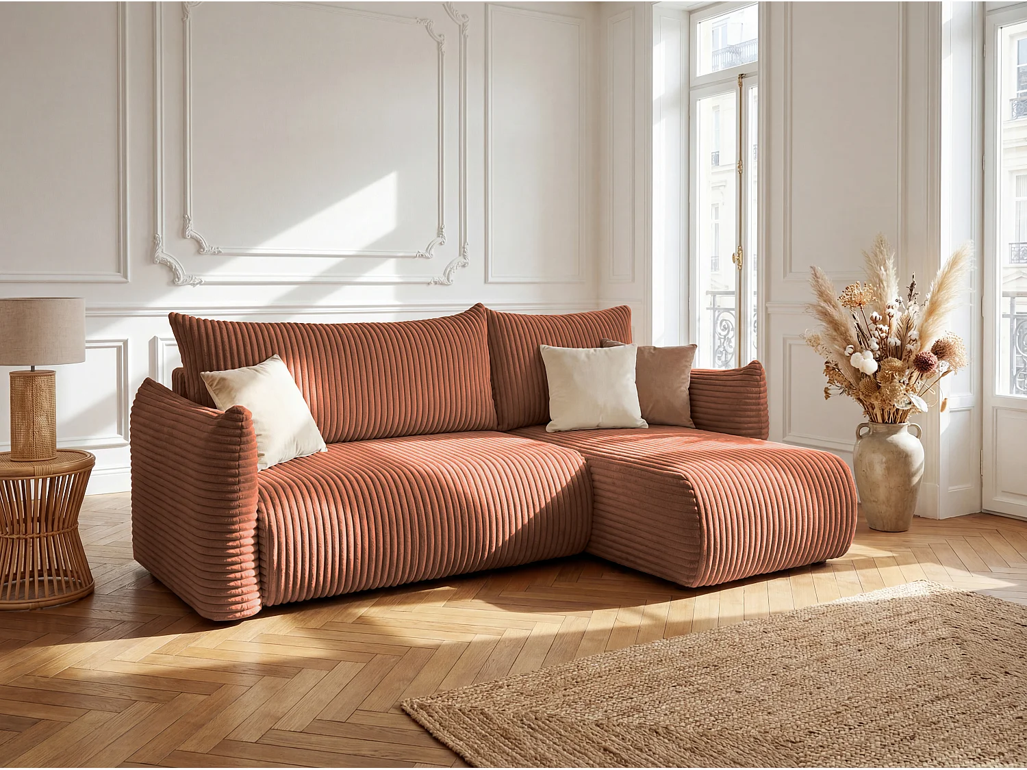 Canapé d'angle Floti mini, pour salon, avec fonction couchage, tissu Tilia, brique (52)