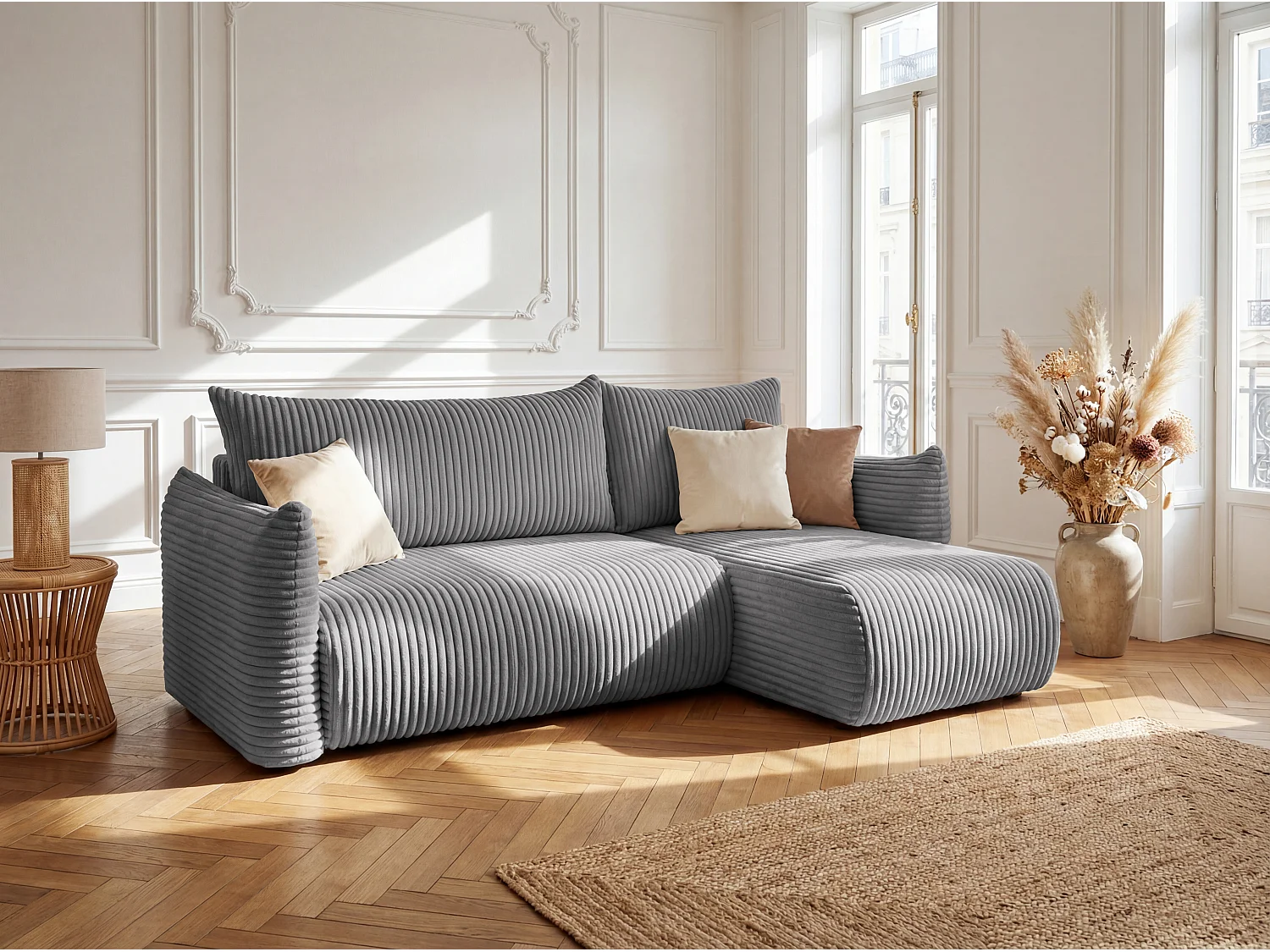Canapé d'angle Floti mini, pour salon, avec fonction couchage, tissu Tilia, gris foncé (90)