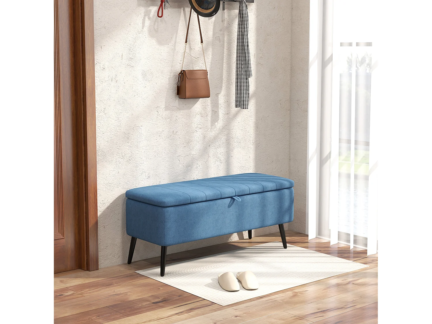 Panca contenitore rettangolare imbottita in tessuto lino blu scuro