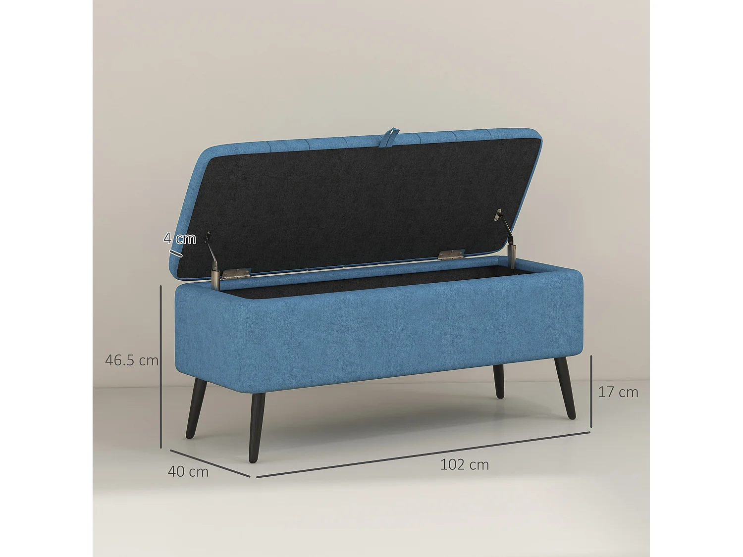 Panca contenitore rettangolare imbottita in tessuto lino blu scuro